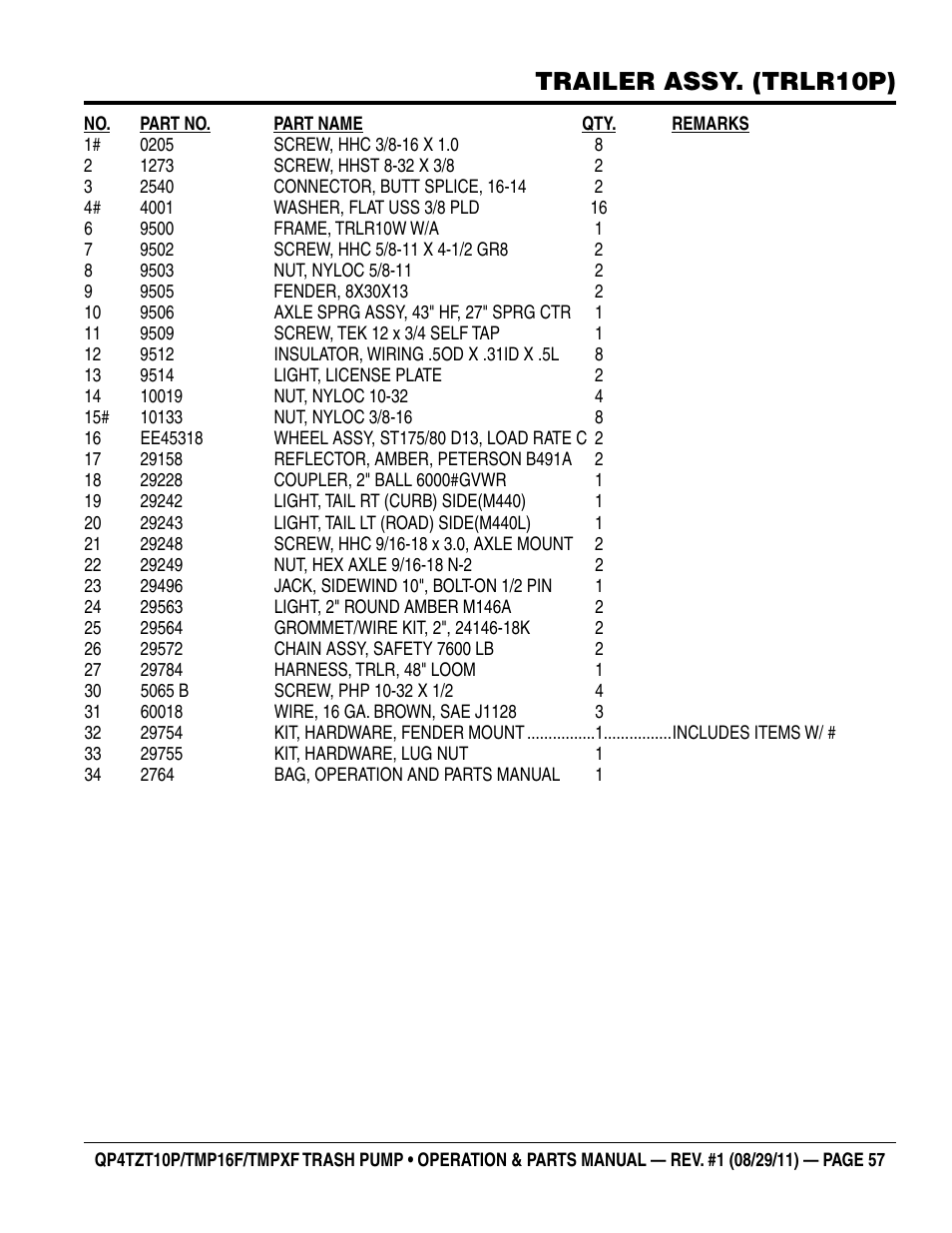 Trailer assy. (trlr10p) | Multiquip TRASH PUMP (hatz 1B40u-2203a diesel engine) Qp4tZt10p User Manual | Page 57 / 118