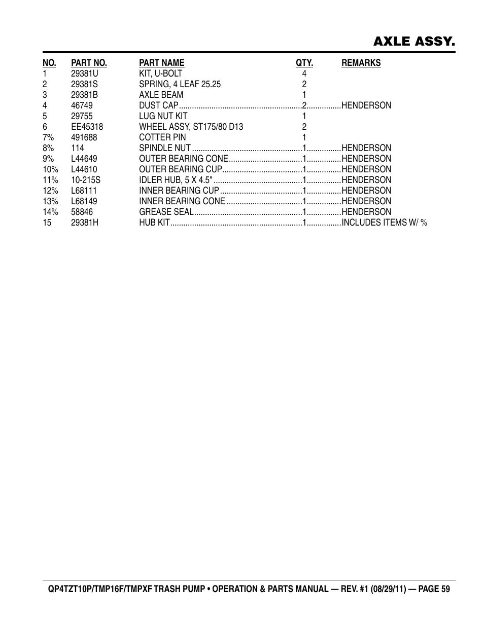 Axle assy | Multiquip TRASH PUMP (hatz 1B40u-2203a diesel engine) Qp4tZt10p User Manual | Page 59 / 118