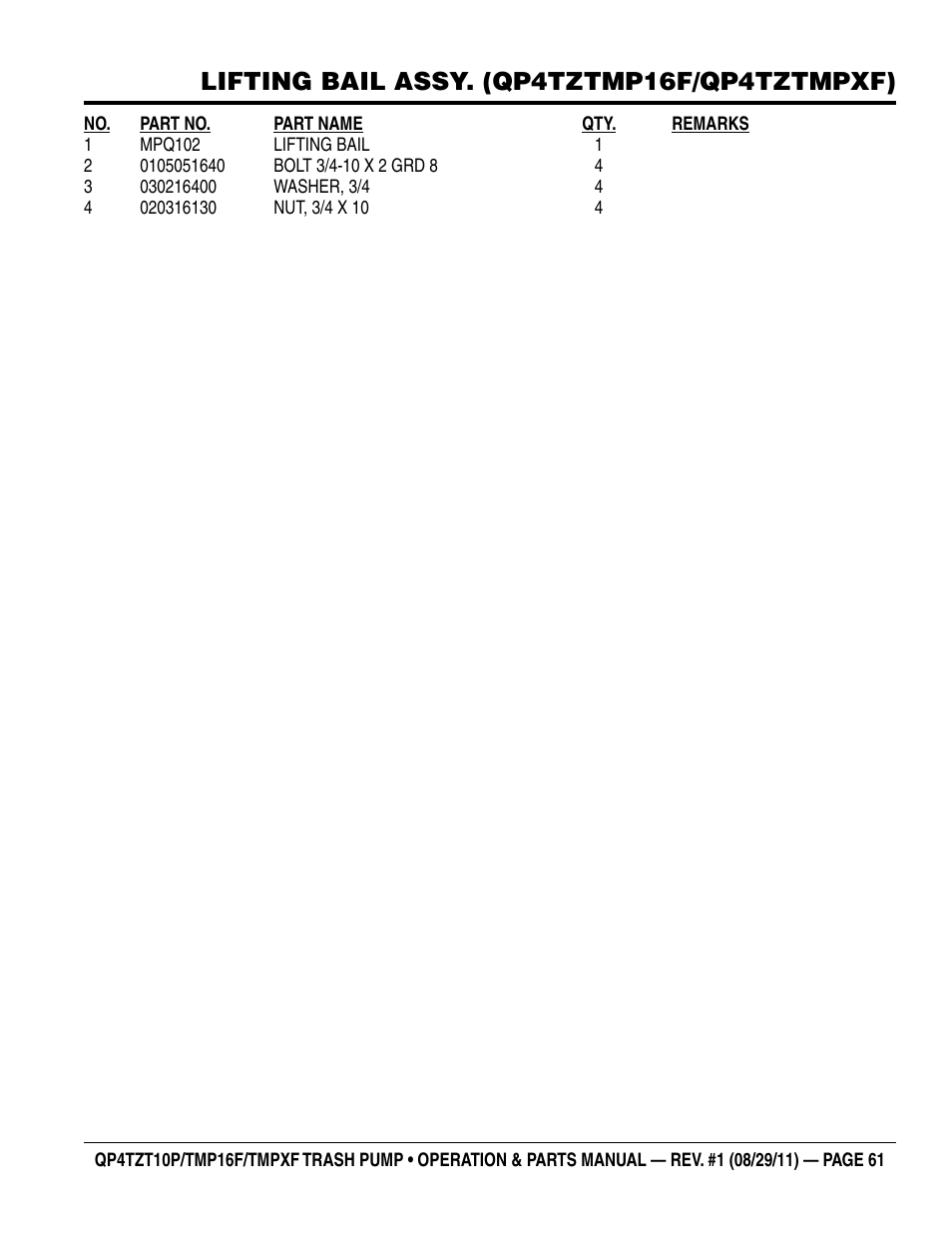 Lifting bail assy. (qp4tztmp16f/qp4tztmpxf) | Multiquip TRASH PUMP (hatz 1B40u-2203a diesel engine) Qp4tZt10p User Manual | Page 61 / 118