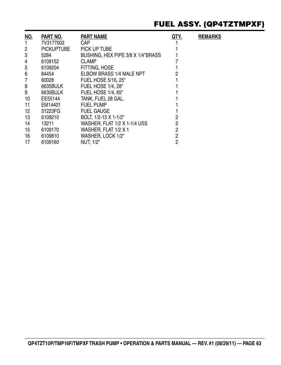 Fuel assy. (qp4tztmpxf) | Multiquip TRASH PUMP (hatz 1B40u-2203a diesel engine) Qp4tZt10p User Manual | Page 63 / 118