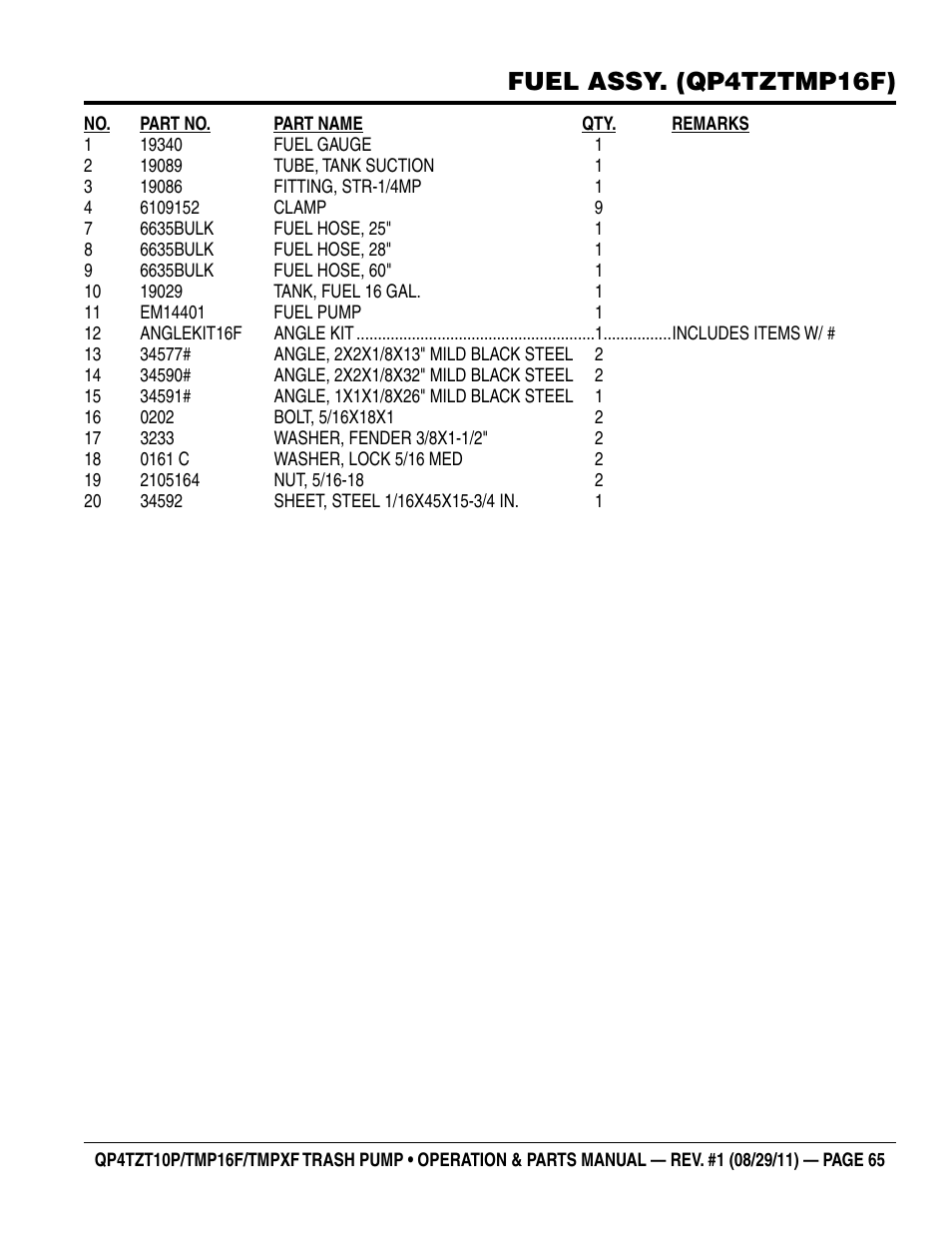 Fuel assy. (qp4tztmp16f) | Multiquip TRASH PUMP (hatz 1B40u-2203a diesel engine) Qp4tZt10p User Manual | Page 65 / 118