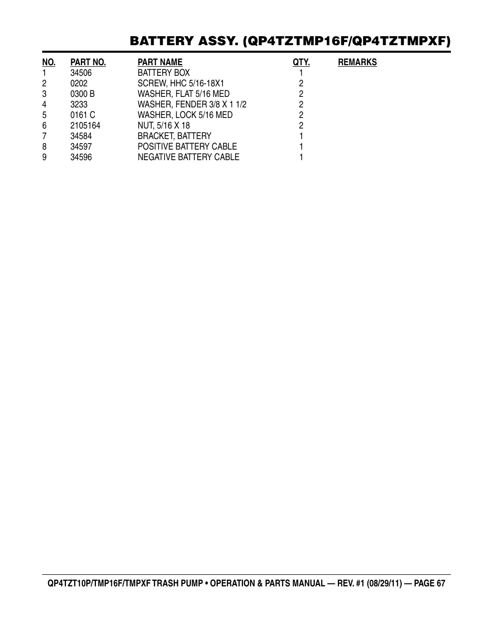 Battery assy. (qp4tztmp16f/qp4tztmpxf) | Multiquip TRASH PUMP (hatz 1B40u-2203a diesel engine) Qp4tZt10p User Manual | Page 67 / 118