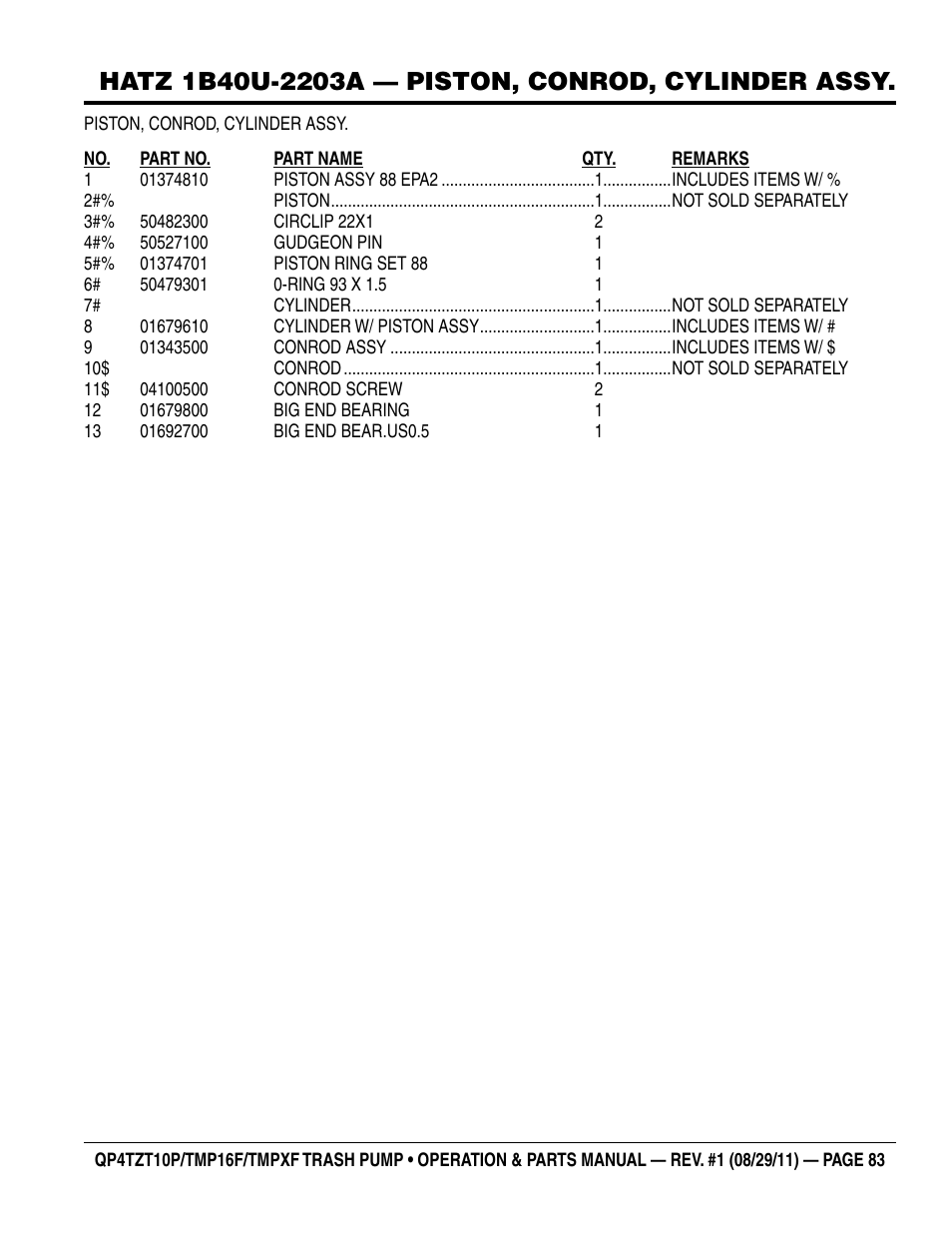 Multiquip TRASH PUMP (hatz 1B40u-2203a diesel engine) Qp4tZt10p User Manual | Page 83 / 118