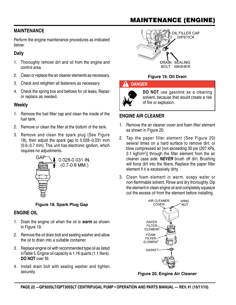 Maintenance (engine) | Multiquip High Pressure Centrifugal Pump (Honda GX340K1PKT2/GX340U1PKT2 Gasoline Engine) QPT305SLT User Manual | Page 22 / 68