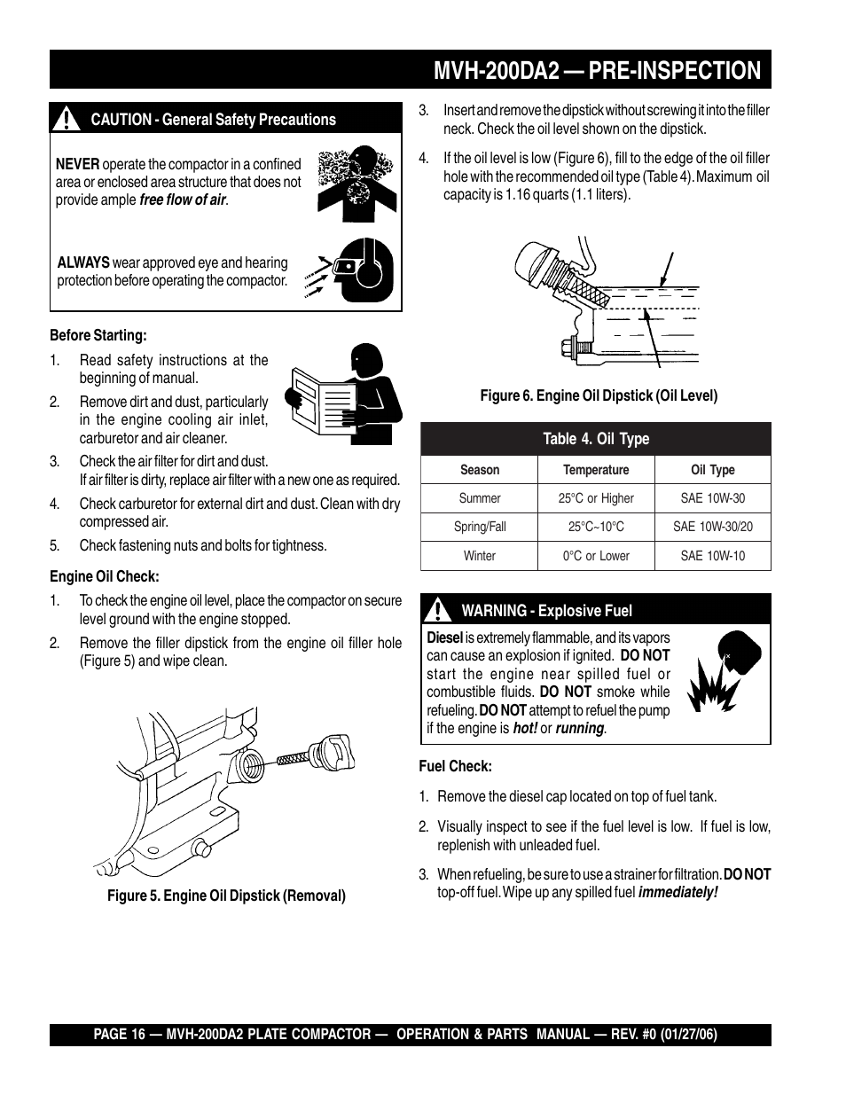 Mvh-200da2 — pre-inspection | Multiquip Reversible Plate Compactor MVH-200DA2 User Manual | Page 16 / 72