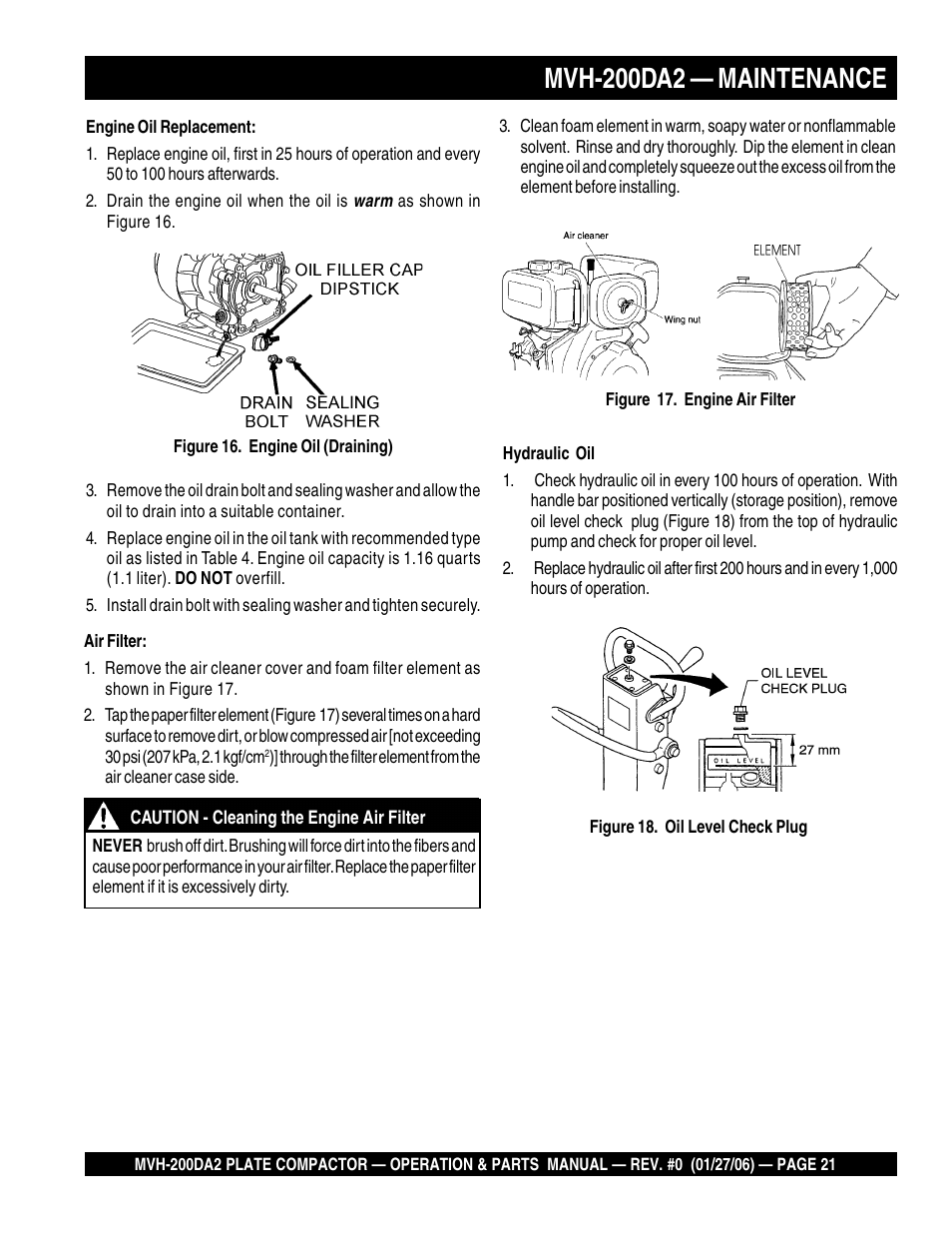 Mvh-200da2 — maintenance | Multiquip Reversible Plate Compactor MVH-200DA2 User Manual | Page 21 / 72