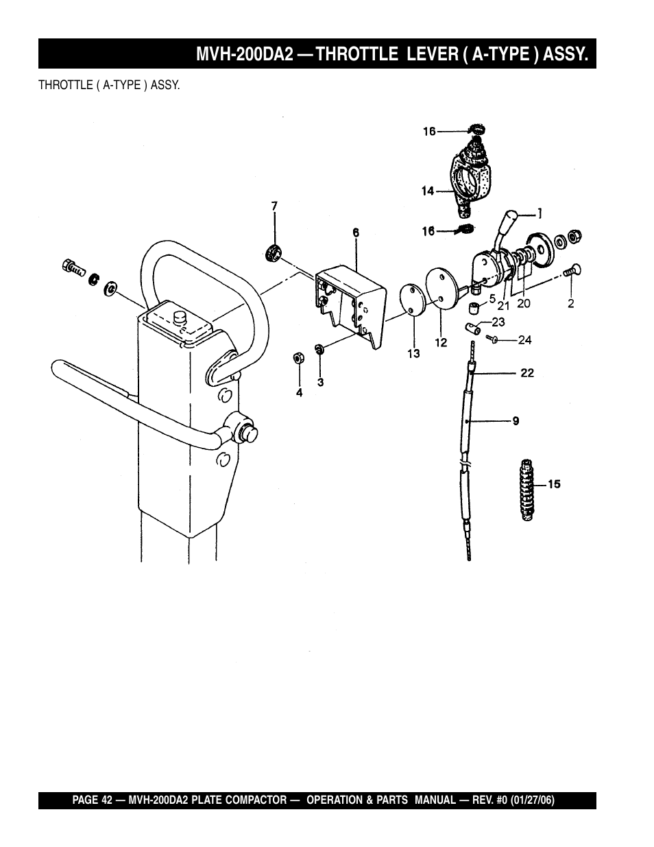 Mvh-200da2 — throttle lever ( a-type ) assy | Multiquip Reversible Plate Compactor MVH-200DA2 User Manual | Page 42 / 72