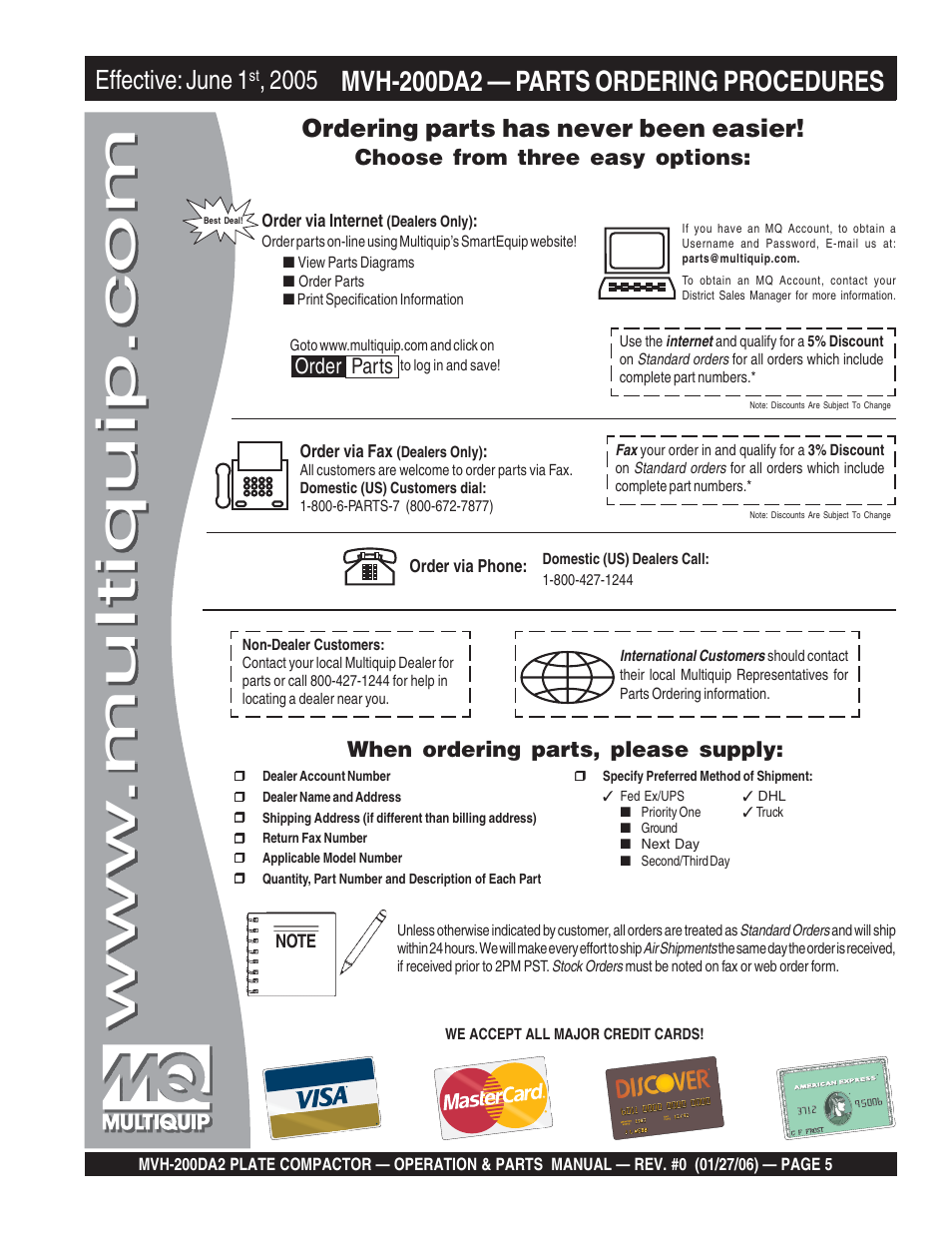 Mvh-200da2 — parts ordering procedures, Effective: june 1, Ordering parts has never been easier | Choose from three easy options, When ordering parts, please supply, Order parts | Multiquip Reversible Plate Compactor MVH-200DA2 User Manual | Page 5 / 72