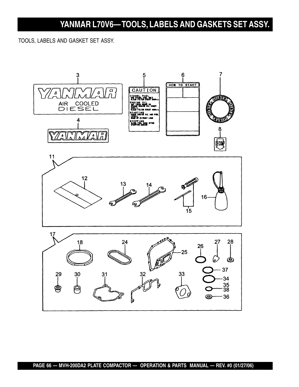 Yanmar l70v6— tools, labels and gaskets set assy | Multiquip Reversible Plate Compactor MVH-200DA2 User Manual | Page 66 / 72