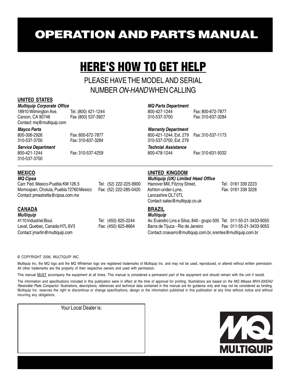 Here's how to get help, Operation and parts manual, On-hand | Please have the model and serial number, When calling | Multiquip Reversible Plate Compactor MVH-200DA2 User Manual | Page 72 / 72