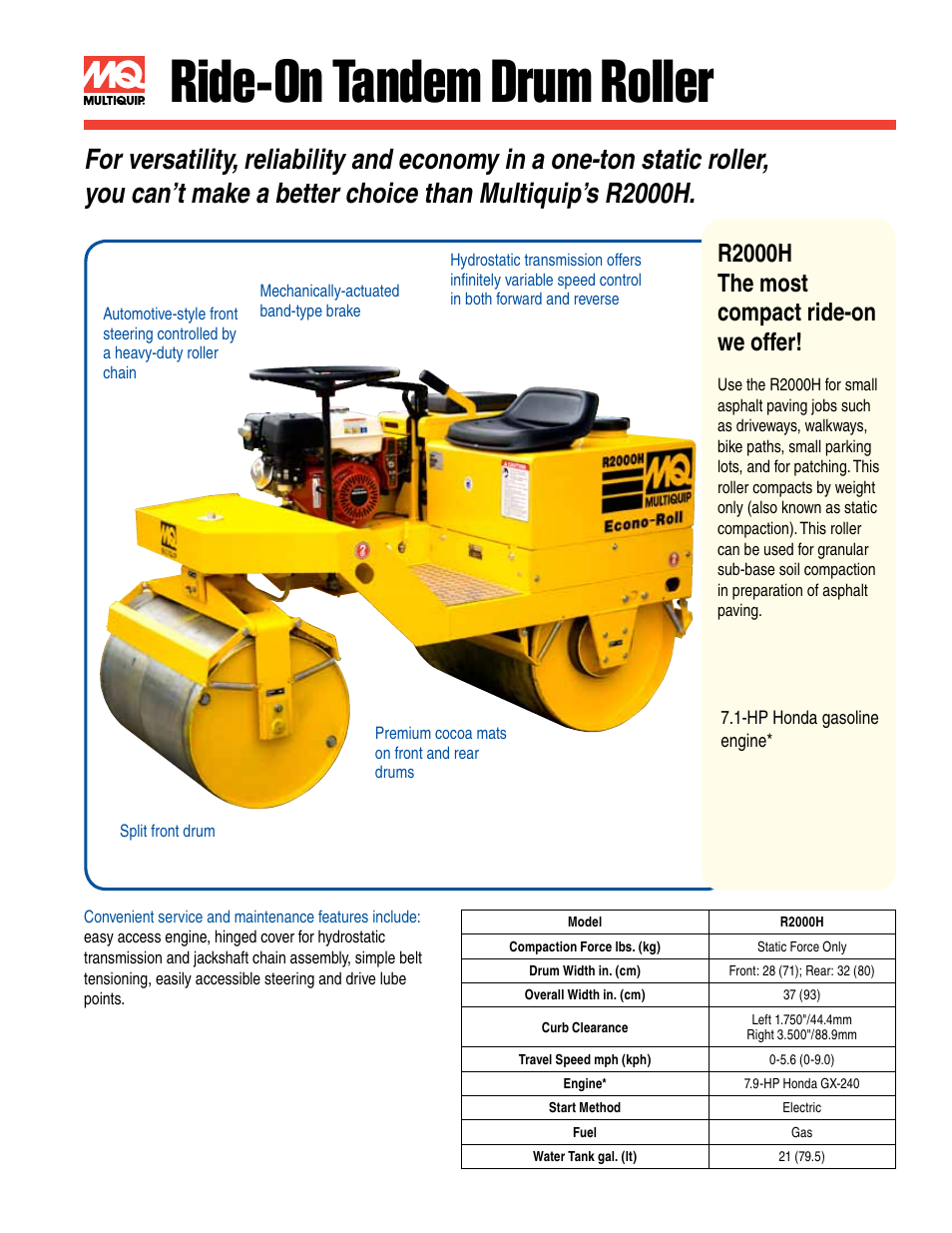 Ride-on tandem drum roller, R2000h the most compact ride-on we offer | Multiquip Ride-On Vibratory Rollers Full-featured tandem drum rollers AR13HAR/DR User Manual | Page 3 / 4