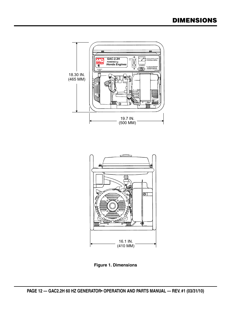 Dimensions, Figure 1. dimensions | Multiquip Portable Generator (Honda GX160 Gasoline Engine) GAC2.2H User Manual | Page 12 / 74