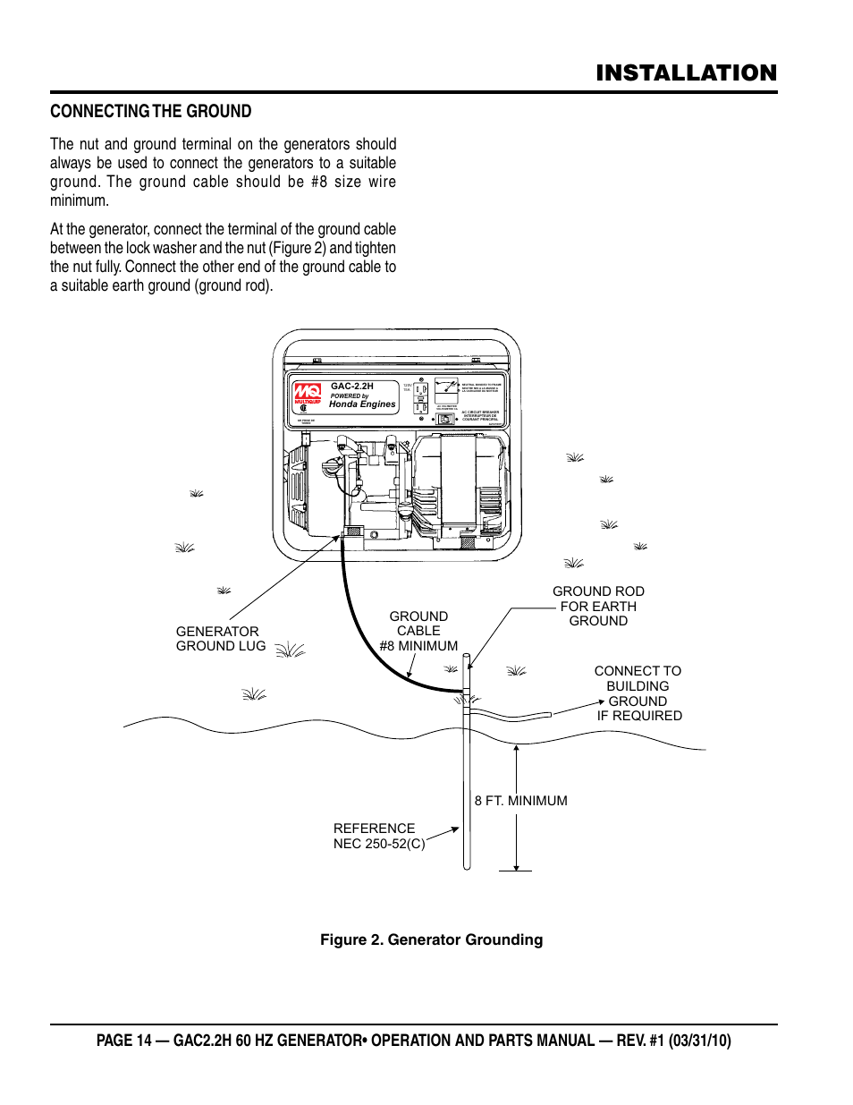 Installation, Connecting the ground, Figure 2. generator grounding | Multiquip Portable Generator (Honda GX160 Gasoline Engine) GAC2.2H User Manual | Page 14 / 74