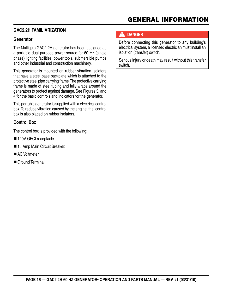 General information | Multiquip Portable Generator (Honda GX160 Gasoline Engine) GAC2.2H User Manual | Page 16 / 74