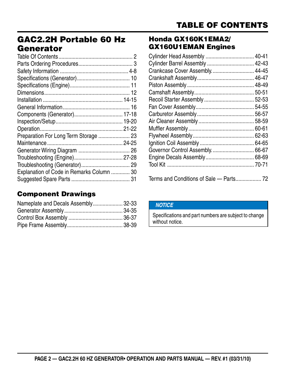 Multiquip Portable Generator (Honda GX160 Gasoline Engine) GAC2.2H User Manual | Page 2 / 74