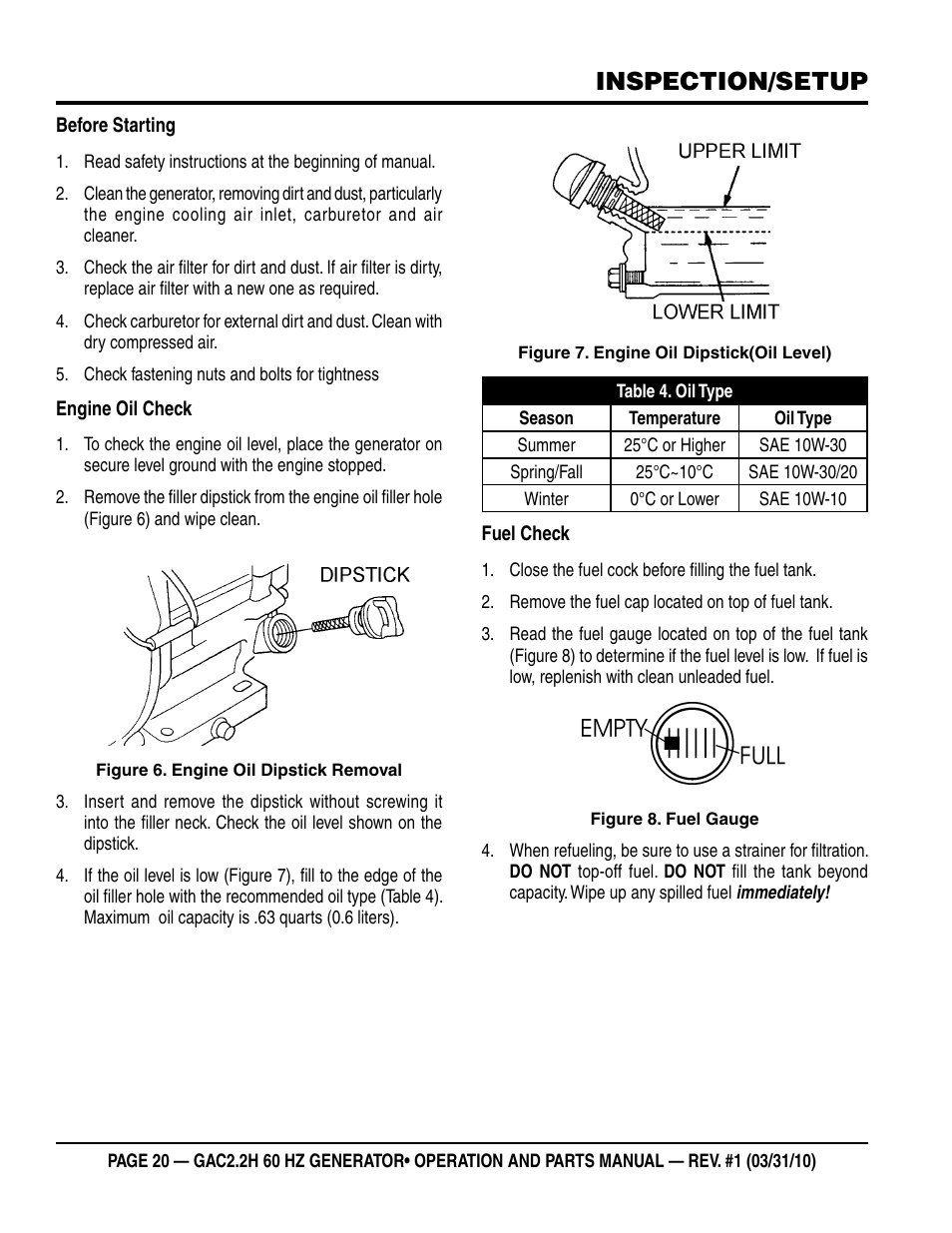 Inspection/setup | Multiquip Portable Generator (Honda GX160 Gasoline Engine) GAC2.2H User Manual | Page 20 / 74