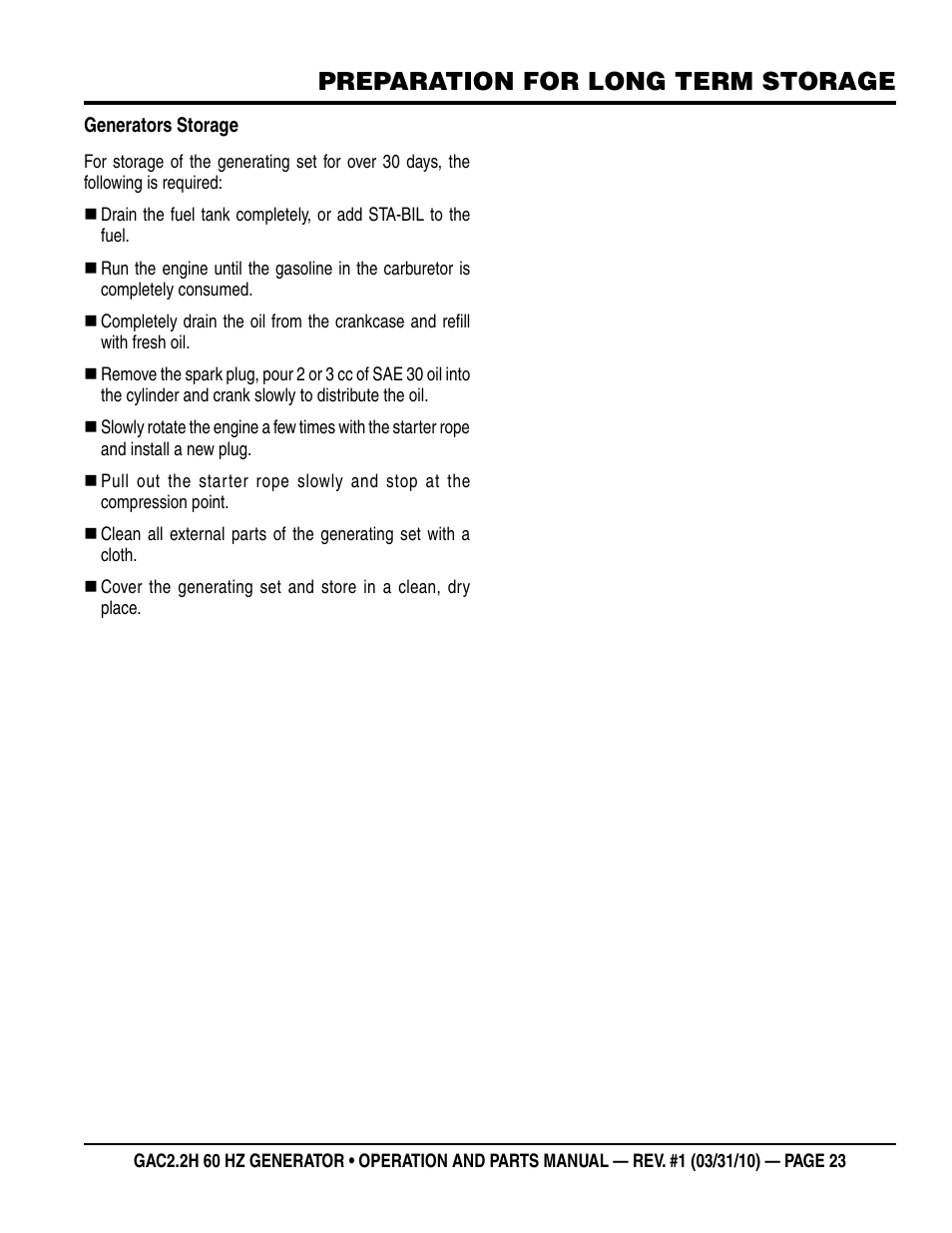 Preparation for long term storage | Multiquip Portable Generator (Honda GX160 Gasoline Engine) GAC2.2H User Manual | Page 23 / 74