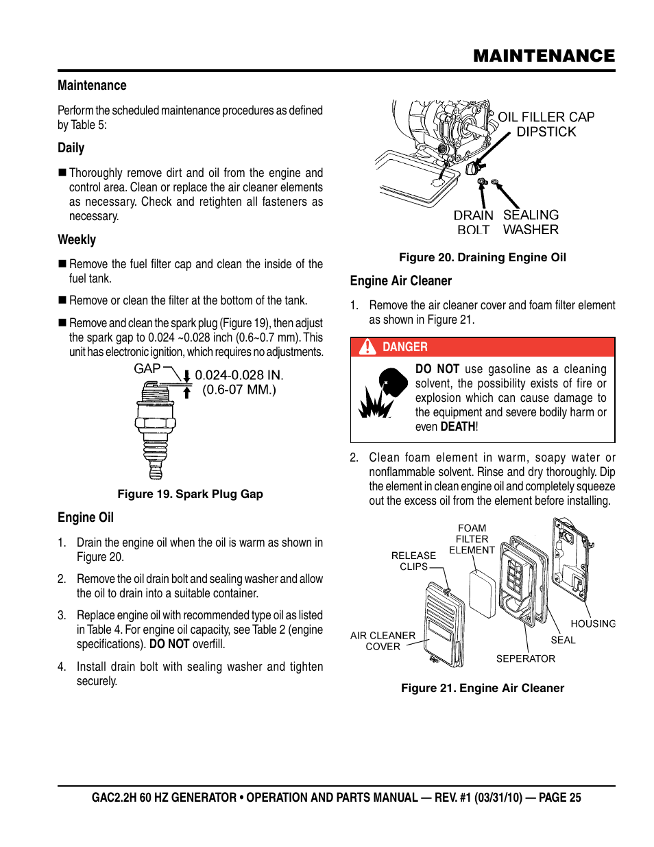 Maintenance | Multiquip Portable Generator (Honda GX160 Gasoline Engine) GAC2.2H User Manual | Page 25 / 74