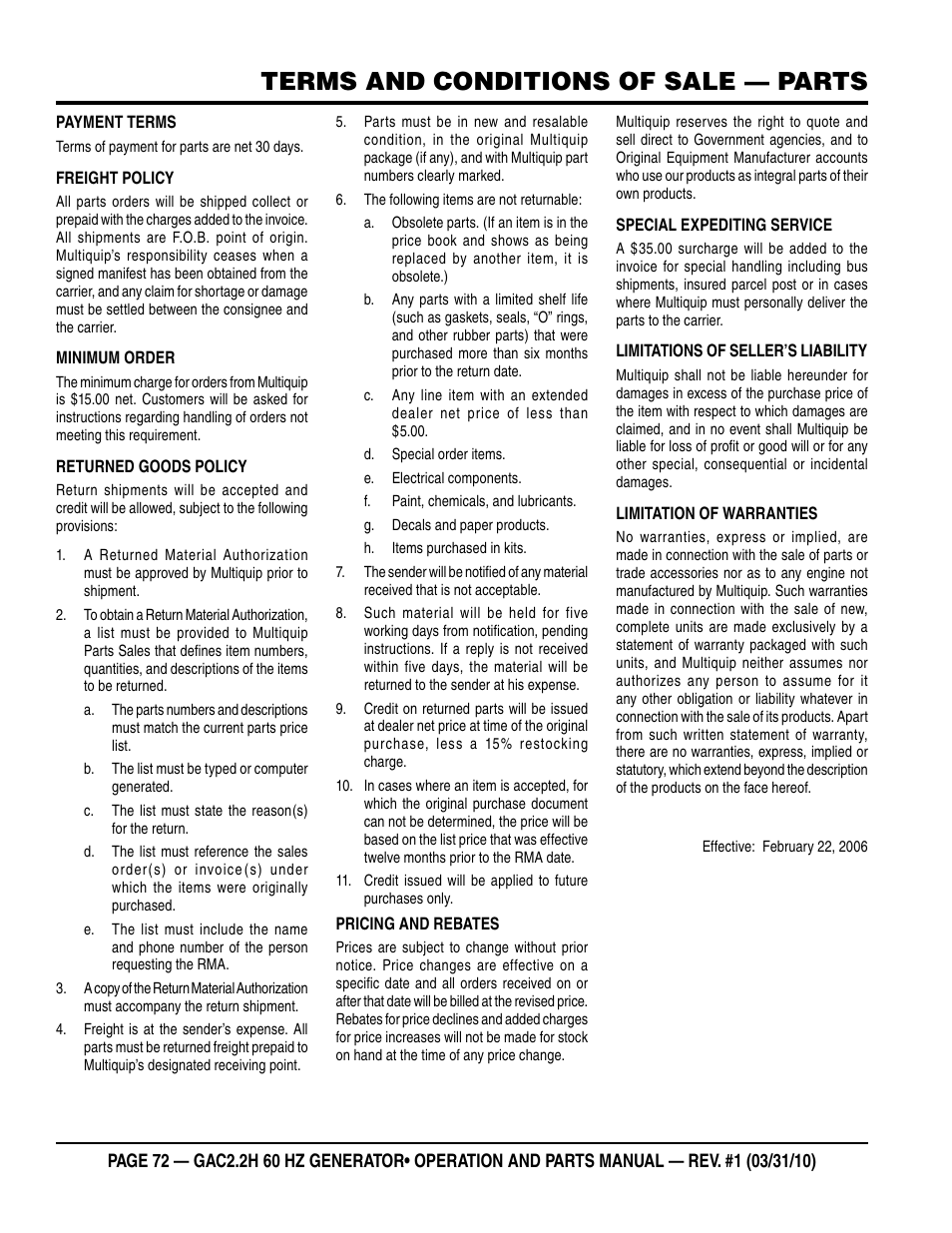 Terms and conditions of sale — parts | Multiquip Portable Generator (Honda GX160 Gasoline Engine) GAC2.2H User Manual | Page 72 / 74
