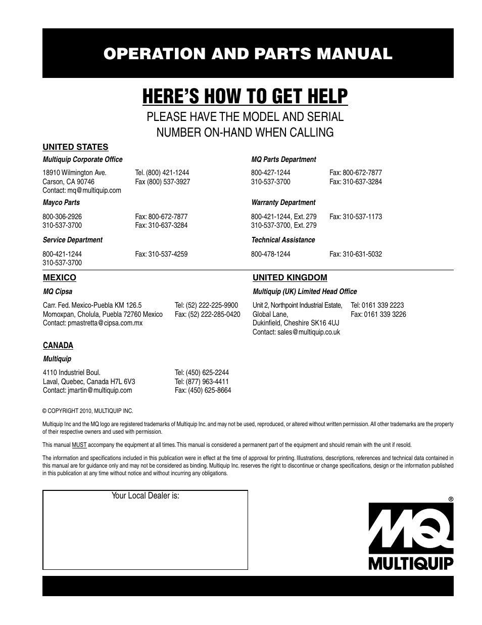 Here’s how to get help, Operation and parts manual | Multiquip Portable Generator (Honda GX160 Gasoline Engine) GAC2.2H User Manual | Page 74 / 74