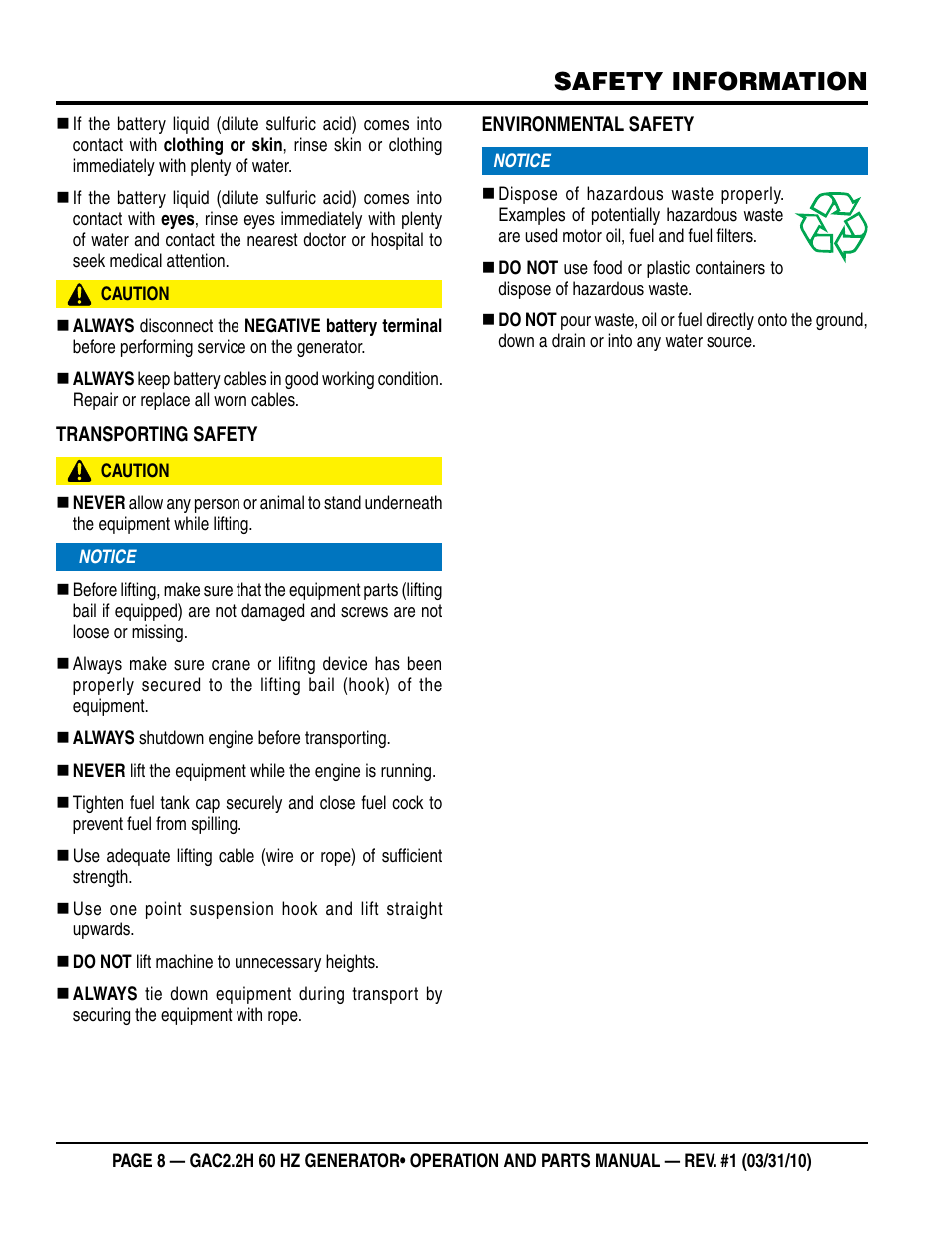 Safety information | Multiquip Portable Generator (Honda GX160 Gasoline Engine) GAC2.2H User Manual | Page 8 / 74