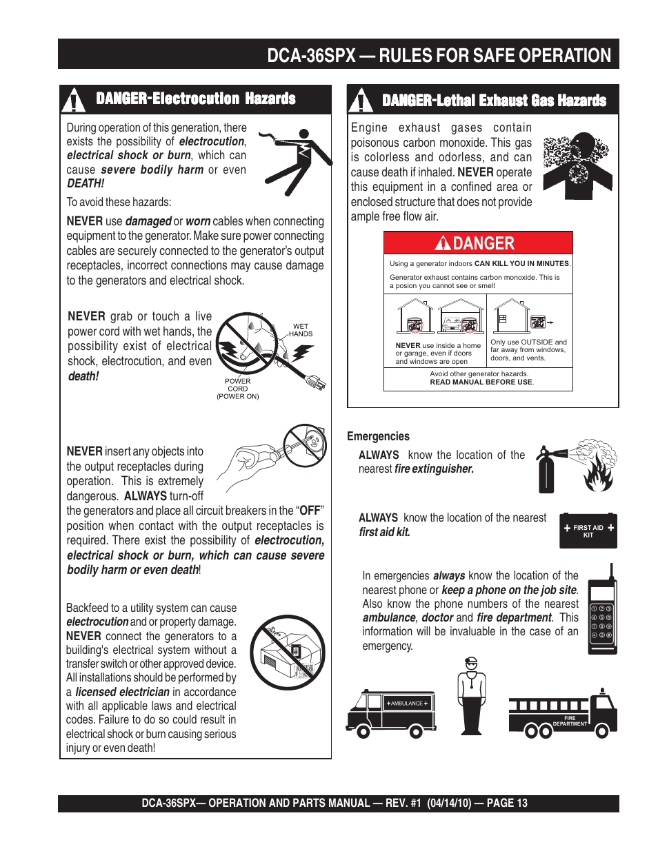 1dca-36spx — rules for safe operation, Danger, Electrocution hazards | Lethal exhaust gas hazards | Multiquip MQ Power Whisperwatt Series DCA-36SPX User Manual | Page 13 / 84