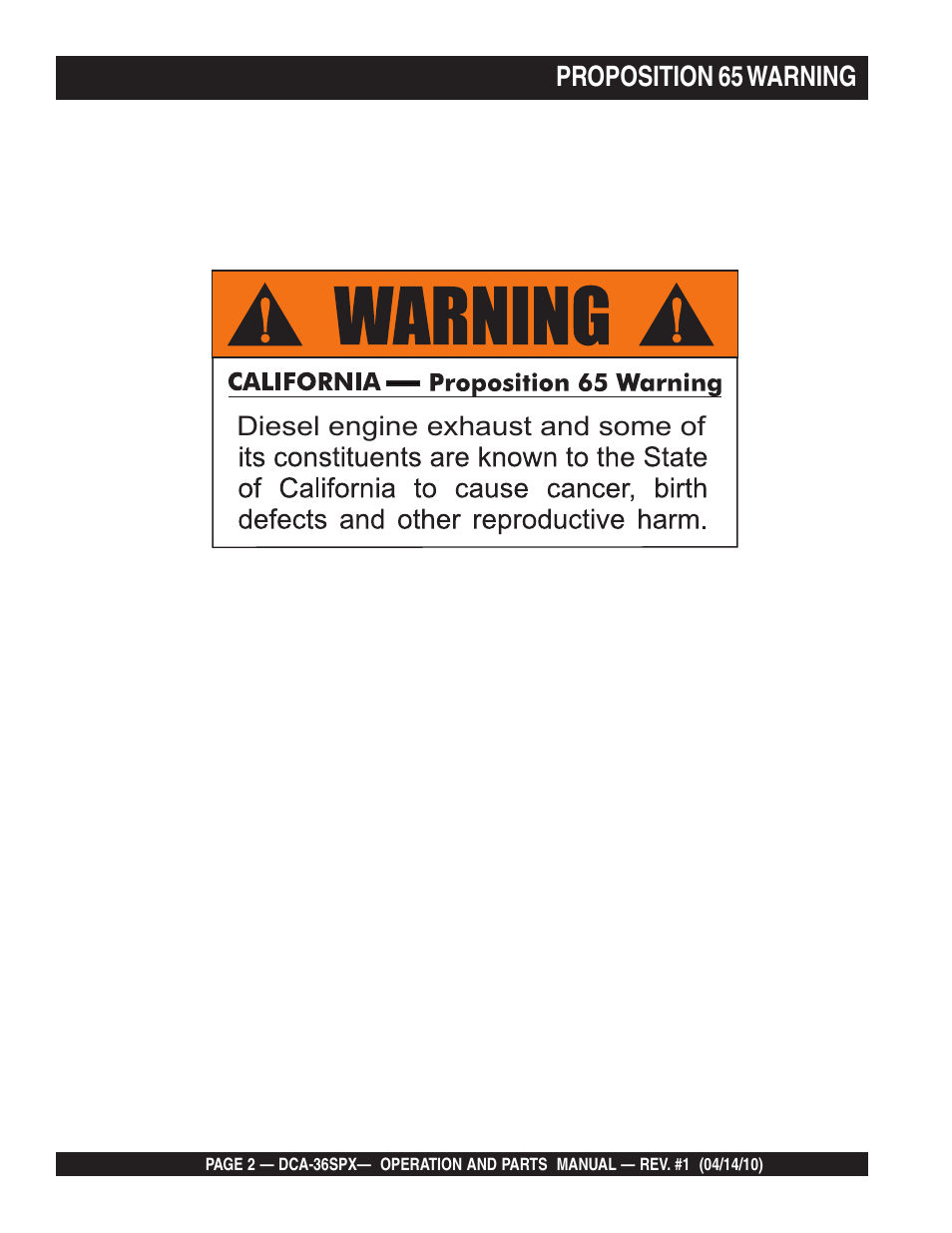 Proposition 65 warning | Multiquip MQ Power Whisperwatt Series DCA-36SPX User Manual | Page 2 / 84