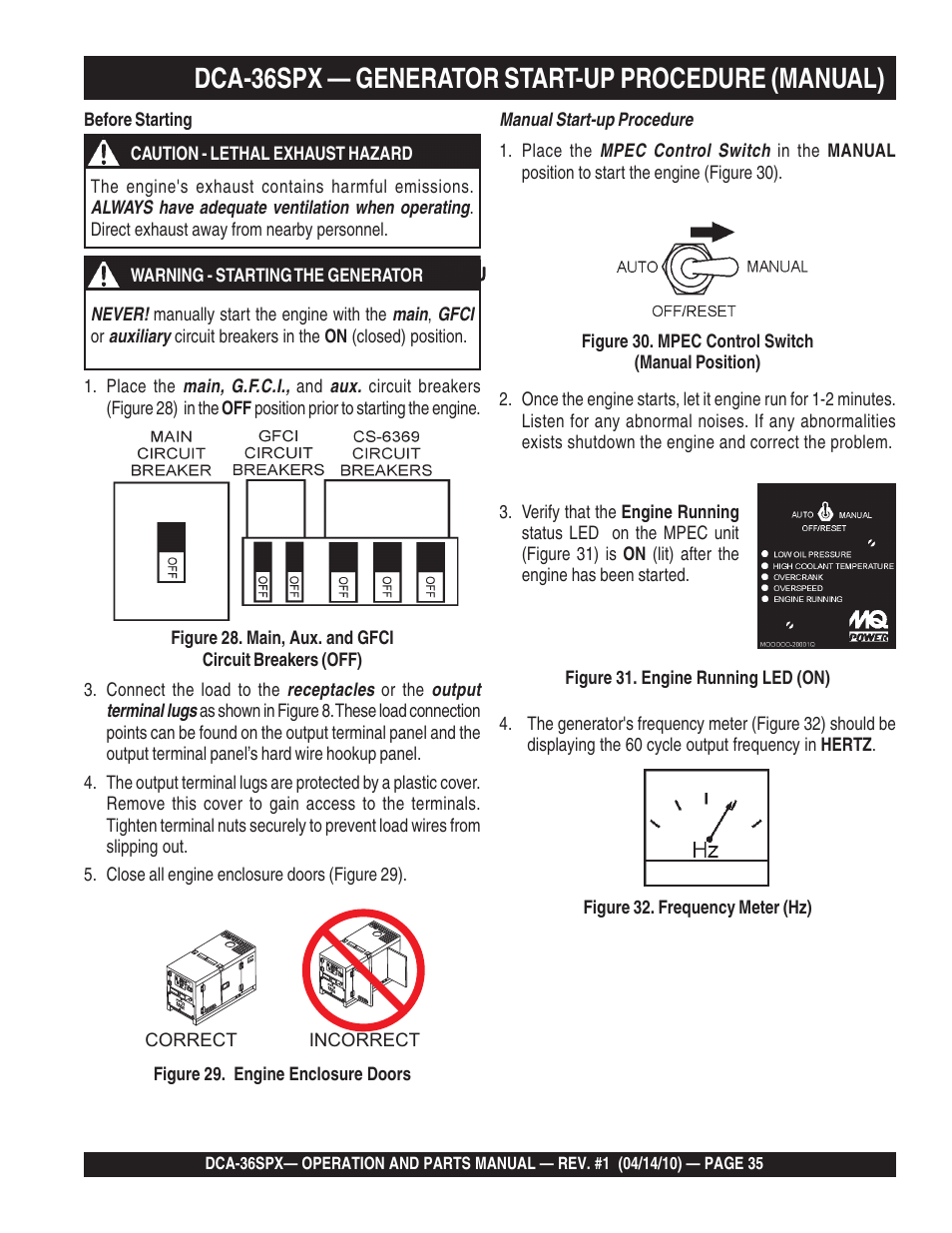 Dca-36spx — generator start-up procedure (manual) | Multiquip MQ Power Whisperwatt Series DCA-36SPX User Manual | Page 35 / 84