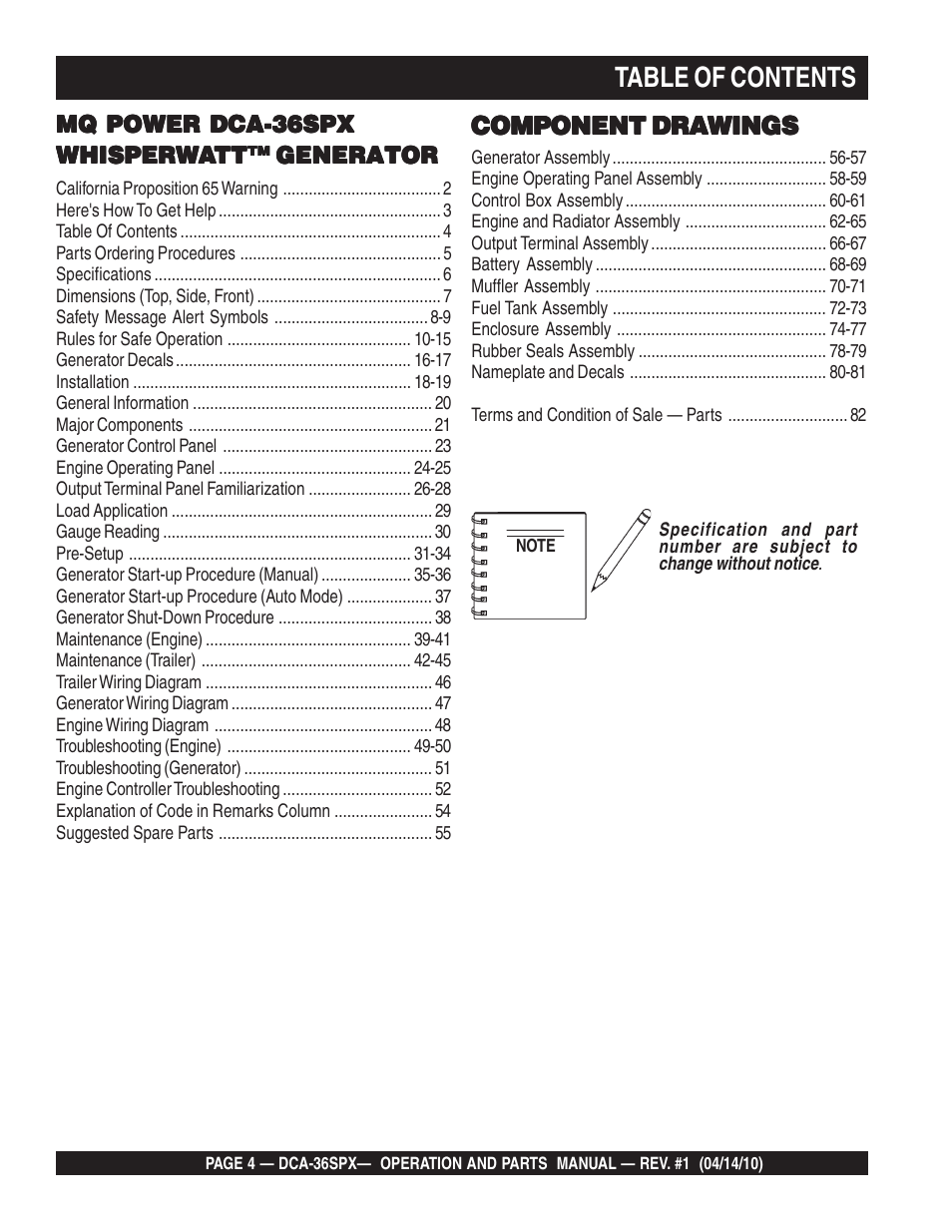 Multiquip MQ Power Whisperwatt Series DCA-36SPX User Manual | Page 4 / 84