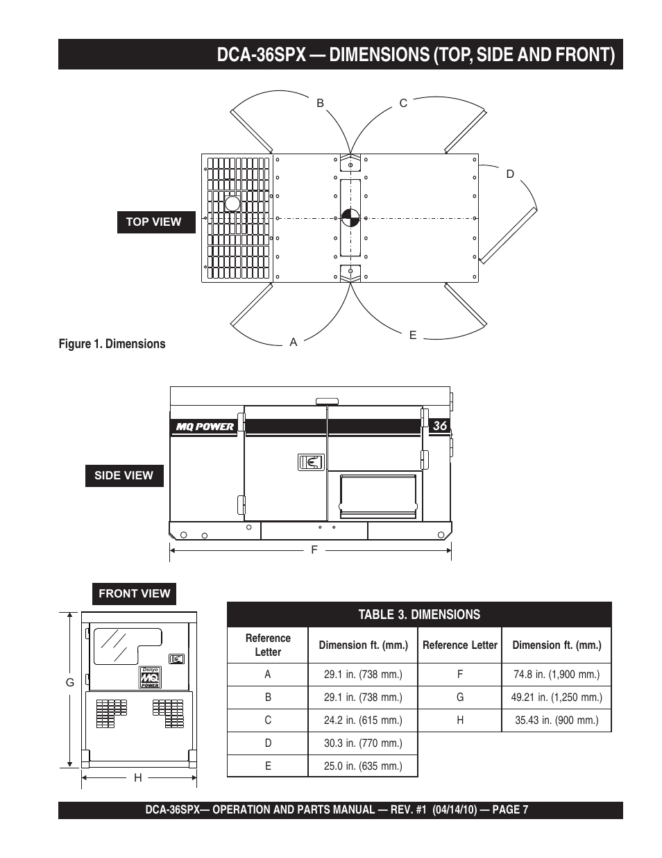 1dca-36spx — dimensions (top, side and front) | Multiquip MQ Power Whisperwatt Series DCA-36SPX User Manual | Page 7 / 84