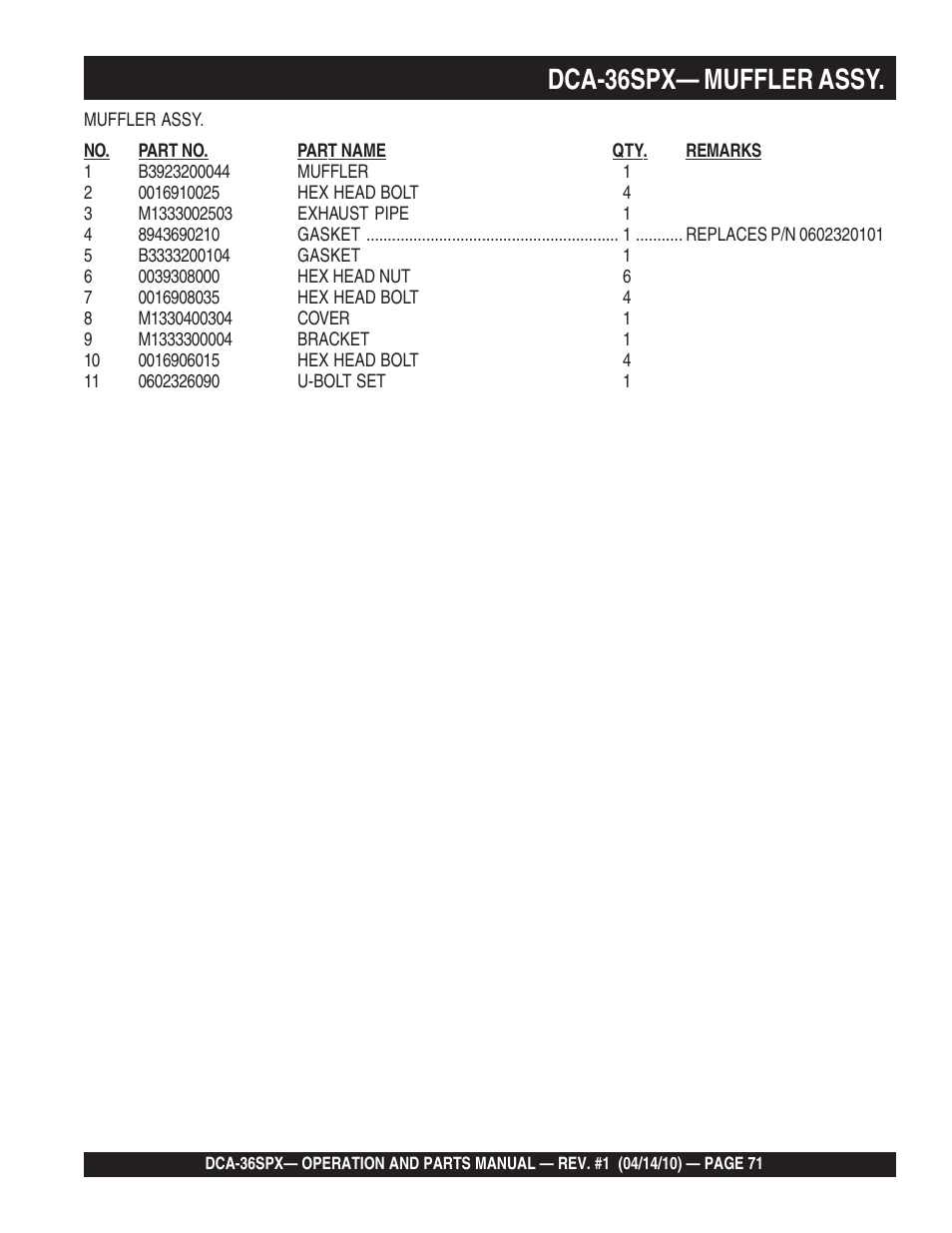 1dca-36spx— muffler assy | Multiquip MQ Power Whisperwatt Series DCA-36SPX User Manual | Page 71 / 84