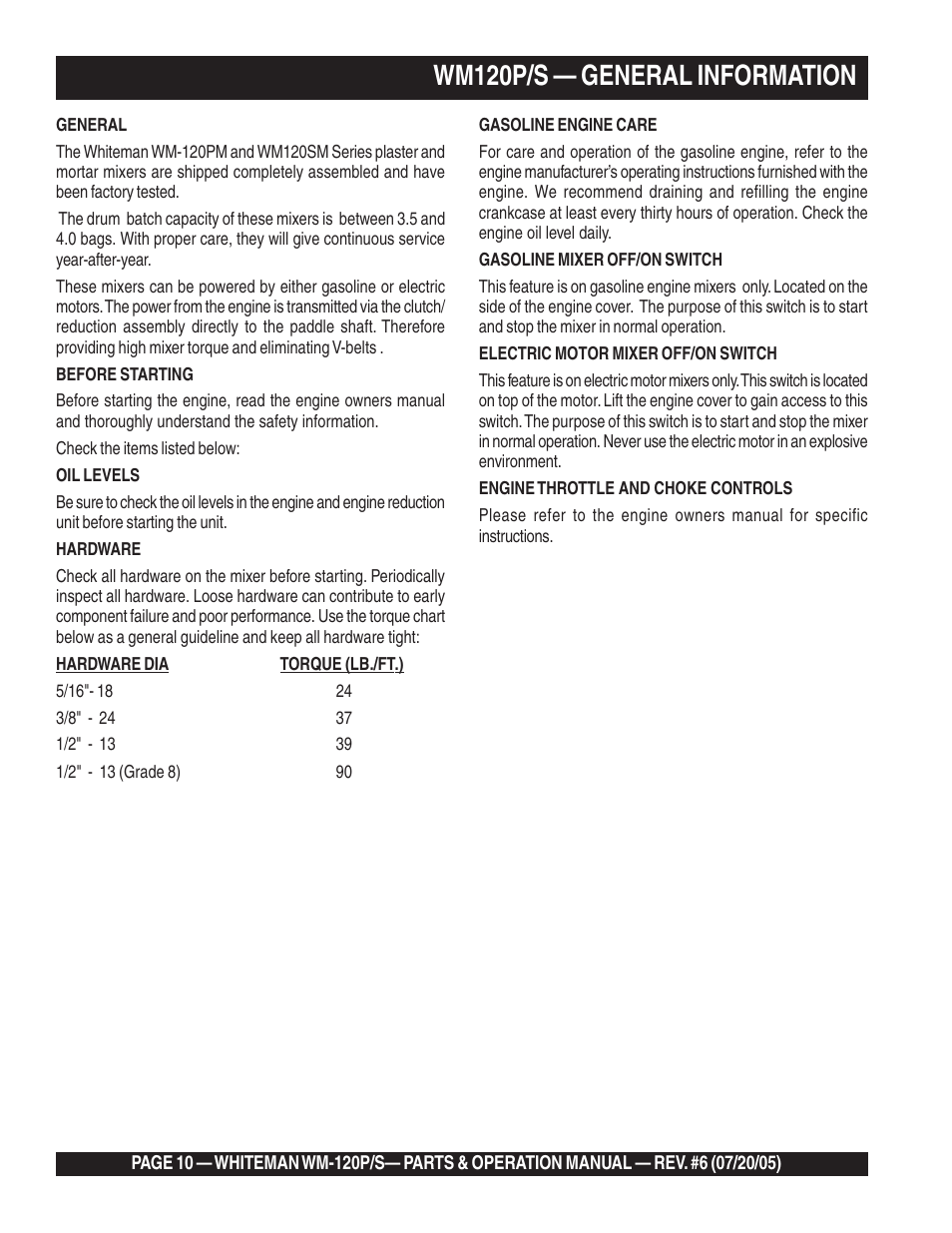 Wm120p/s — general information | Multiquip Whiteman Plaster/Mortar Mixers WM-120PM User Manual | Page 10 / 50