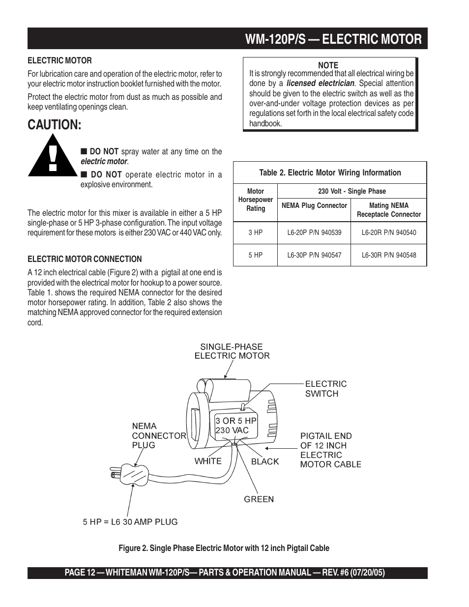 Wm-120p/s — electric motor, Caution | Multiquip Whiteman Plaster/Mortar Mixers WM-120PM User Manual | Page 12 / 50