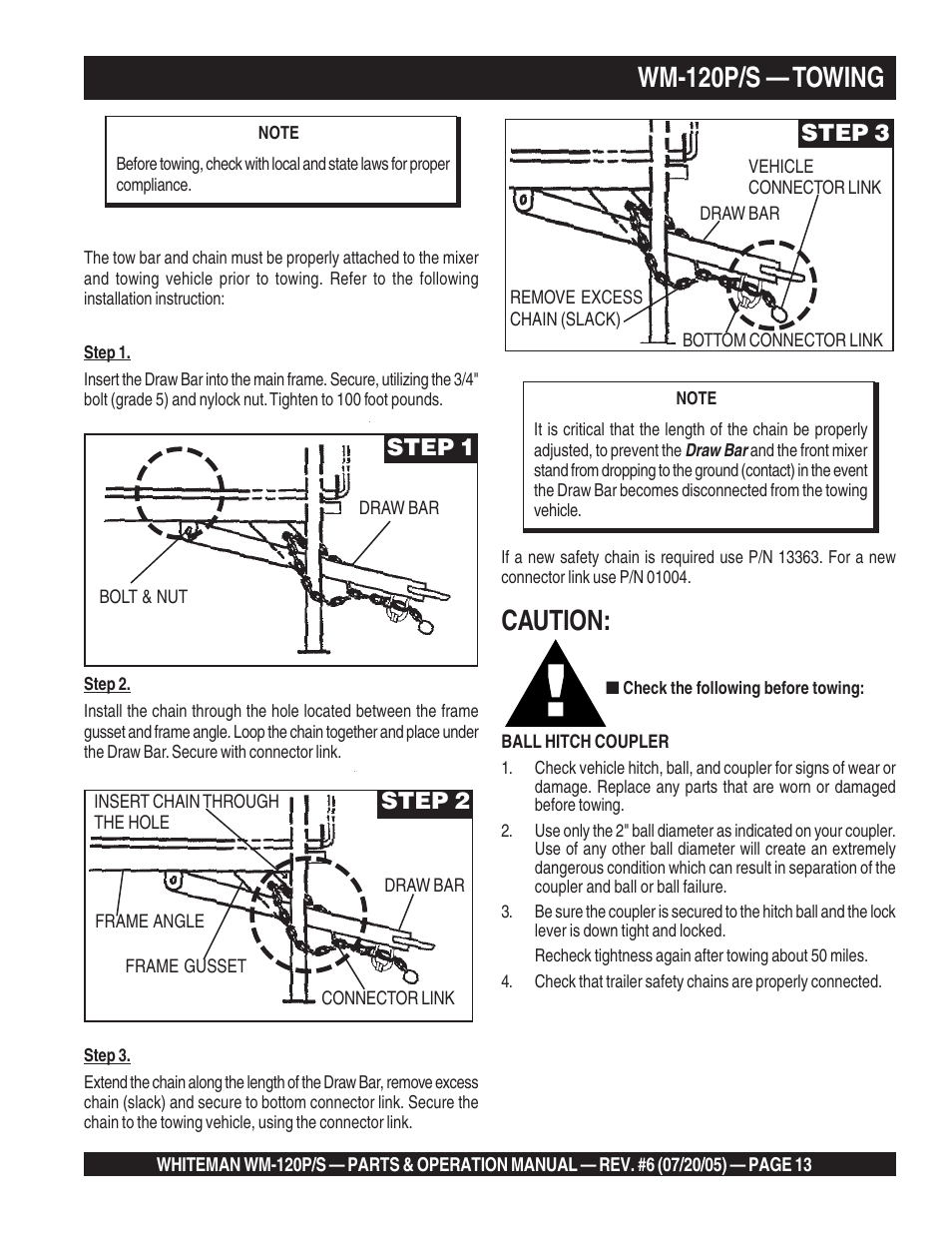 Wm-120p/s — towing, Caution, Step 1 | Step 2, Step 3 | Multiquip Whiteman Plaster/Mortar Mixers WM-120PM User Manual | Page 13 / 50