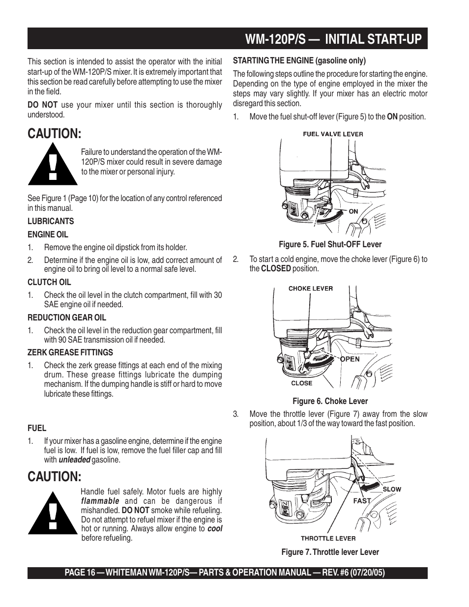 Wm-120p/s — initial start-up, Caution | Multiquip Whiteman Plaster/Mortar Mixers WM-120PM User Manual | Page 16 / 50