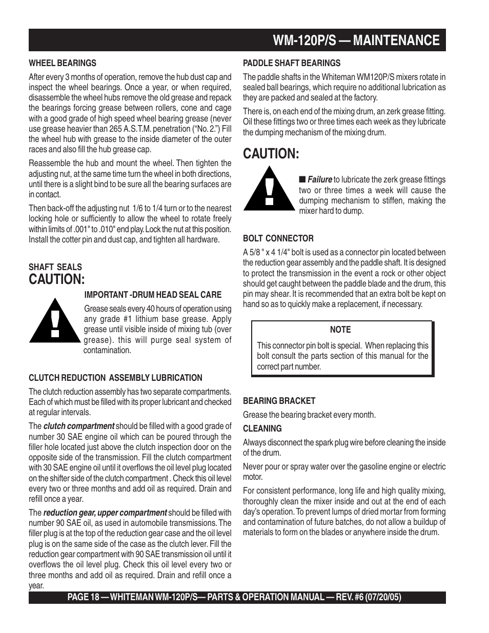 Wm-120p/s — maintenance, Caution | Multiquip Whiteman Plaster/Mortar Mixers WM-120PM User Manual | Page 18 / 50