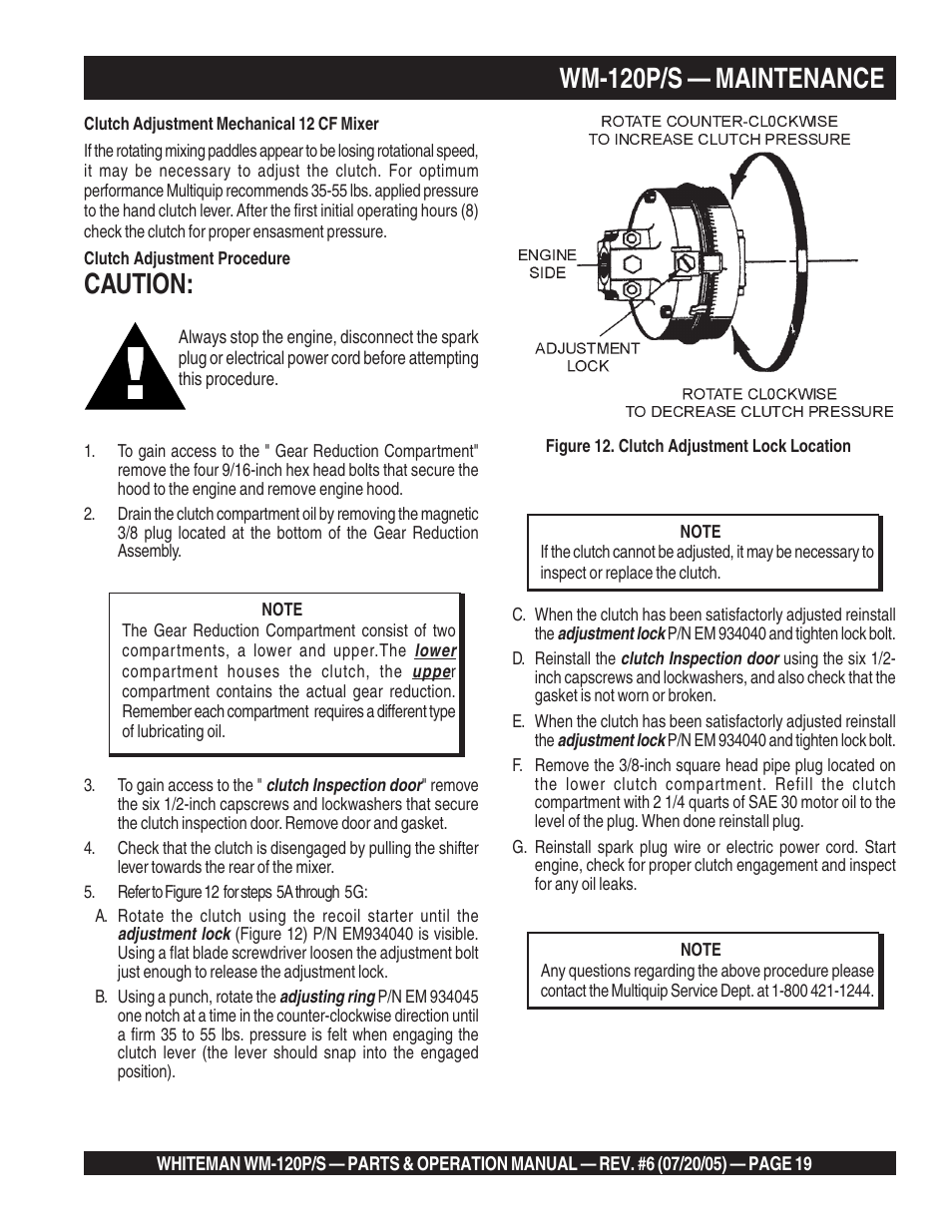 Wm-120p/s — maintenance, Caution | Multiquip Whiteman Plaster/Mortar Mixers WM-120PM User Manual | Page 19 / 50