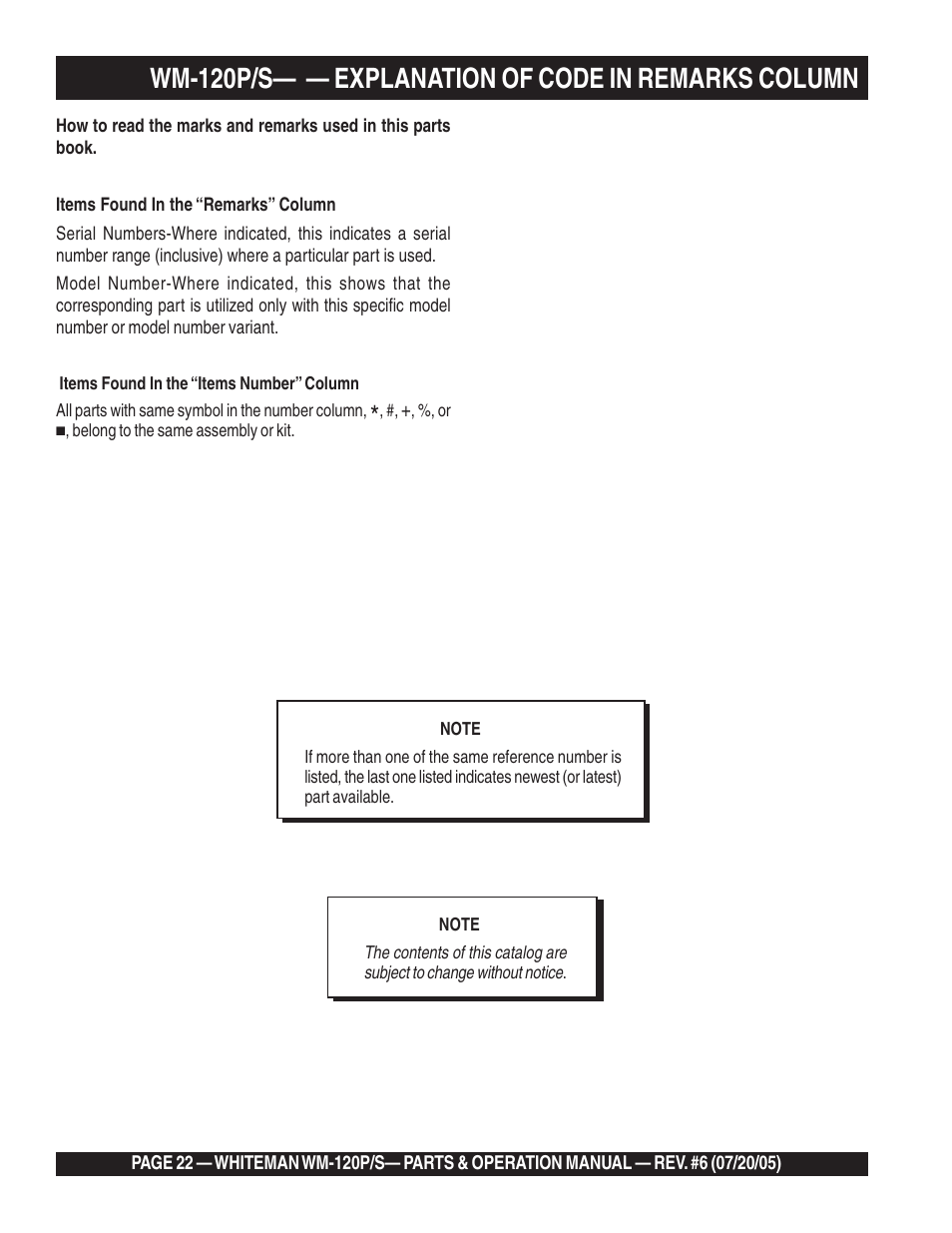 Wm-120p/s— — explanation of code in remarks column | Multiquip Whiteman Plaster/Mortar Mixers WM-120PM User Manual | Page 22 / 50