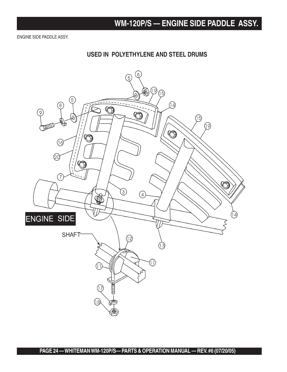 Wm-120p/s — engine side paddle assy | Multiquip Whiteman Plaster/Mortar Mixers WM-120PM User Manual | Page 24 / 50