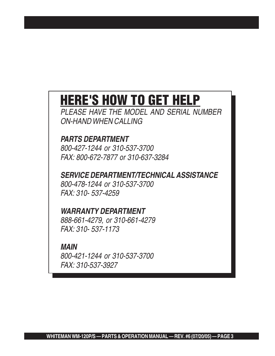 Here's how to get help | Multiquip Whiteman Plaster/Mortar Mixers WM-120PM User Manual | Page 3 / 50