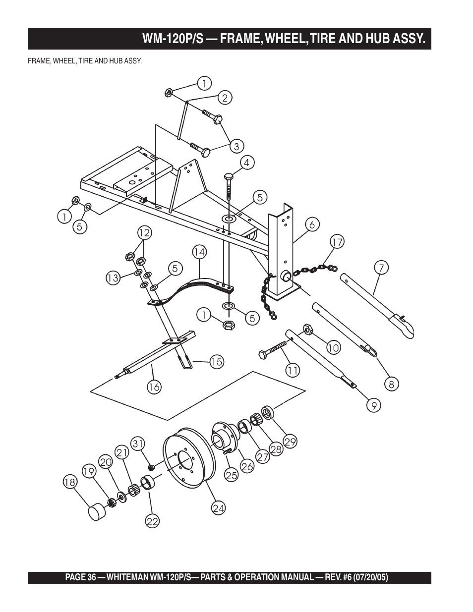 Wm-120p/s — frame, wheel, tire and hub assy | Multiquip Whiteman Plaster/Mortar Mixers WM-120PM User Manual | Page 36 / 50