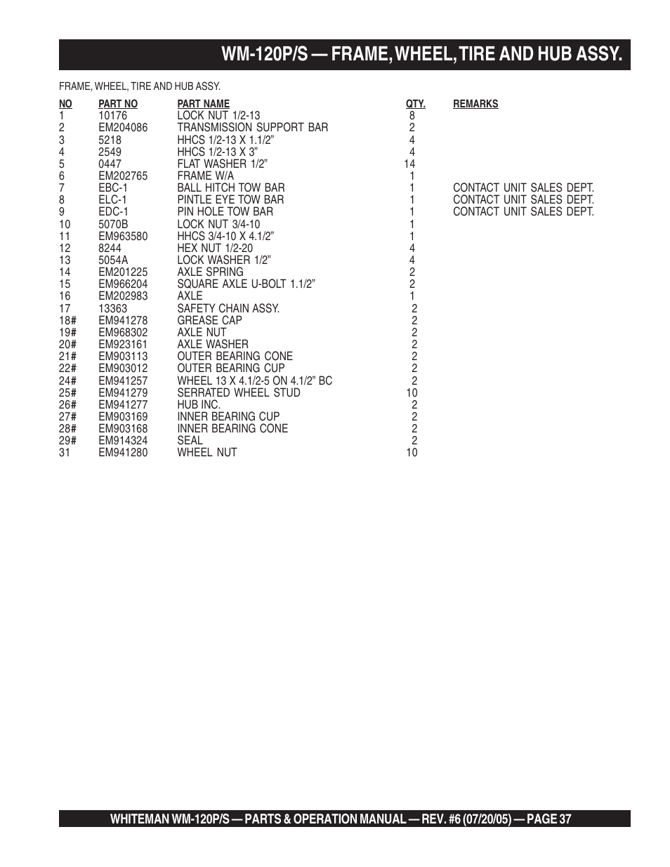 Wm-120p/s — frame, wheel, tire and hub assy | Multiquip Whiteman Plaster/Mortar Mixers WM-120PM User Manual | Page 37 / 50