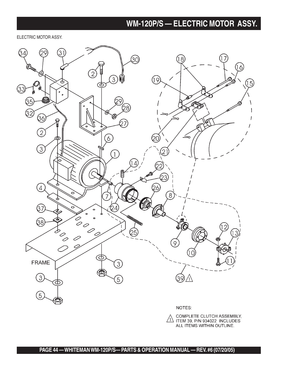 Wm-120p/s — electric motor assy | Multiquip Whiteman Plaster/Mortar Mixers WM-120PM User Manual | Page 44 / 50