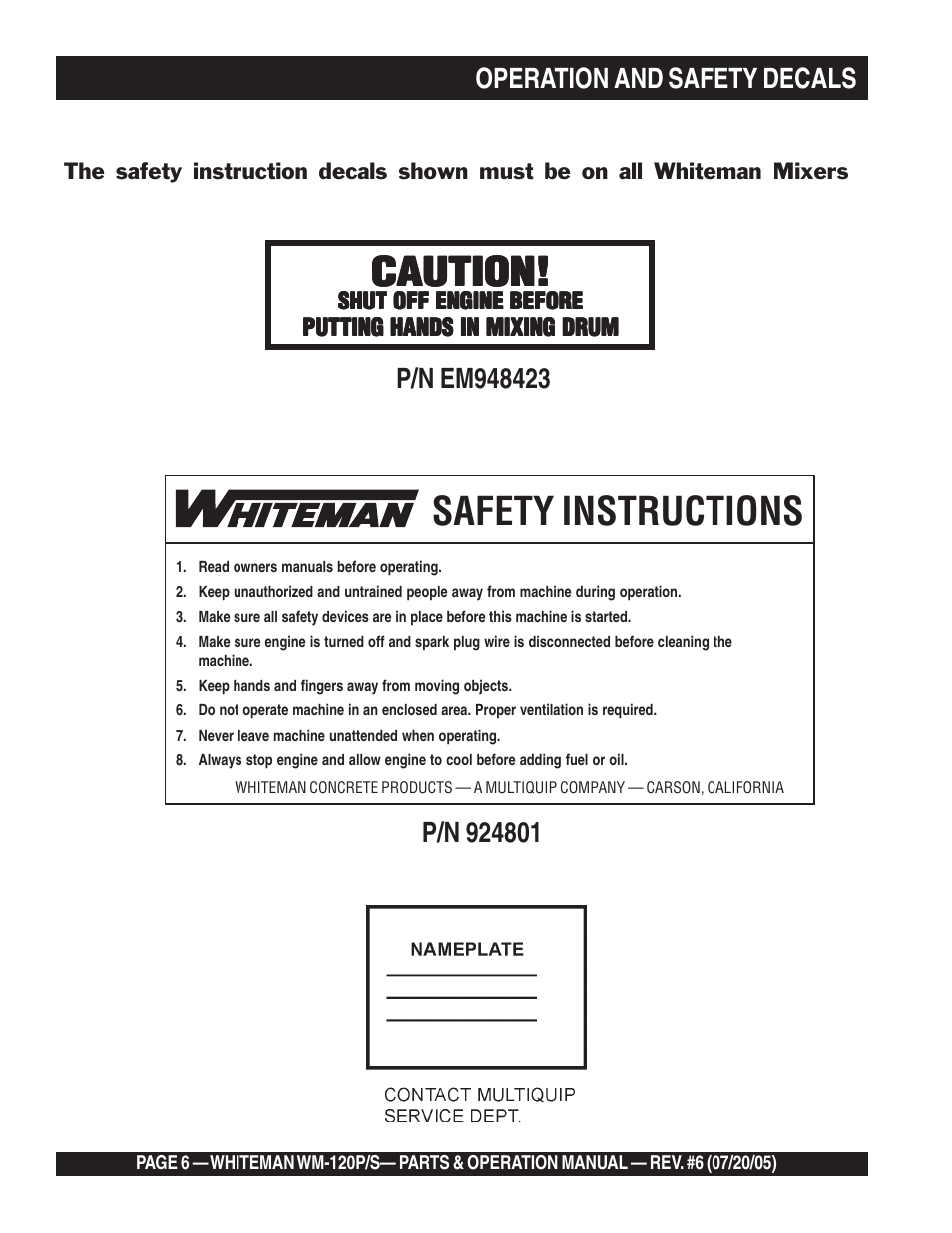 Safety instructions, Caution | Multiquip Whiteman Plaster/Mortar Mixers WM-120PM User Manual | Page 6 / 50