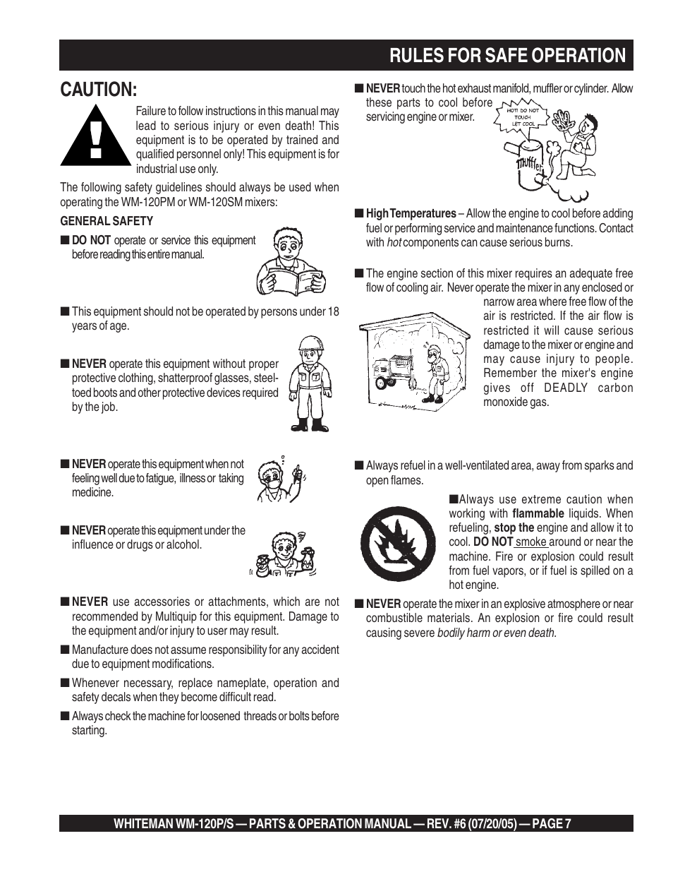 Caution, Rules for safe operation | Multiquip Whiteman Plaster/Mortar Mixers WM-120PM User Manual | Page 7 / 50