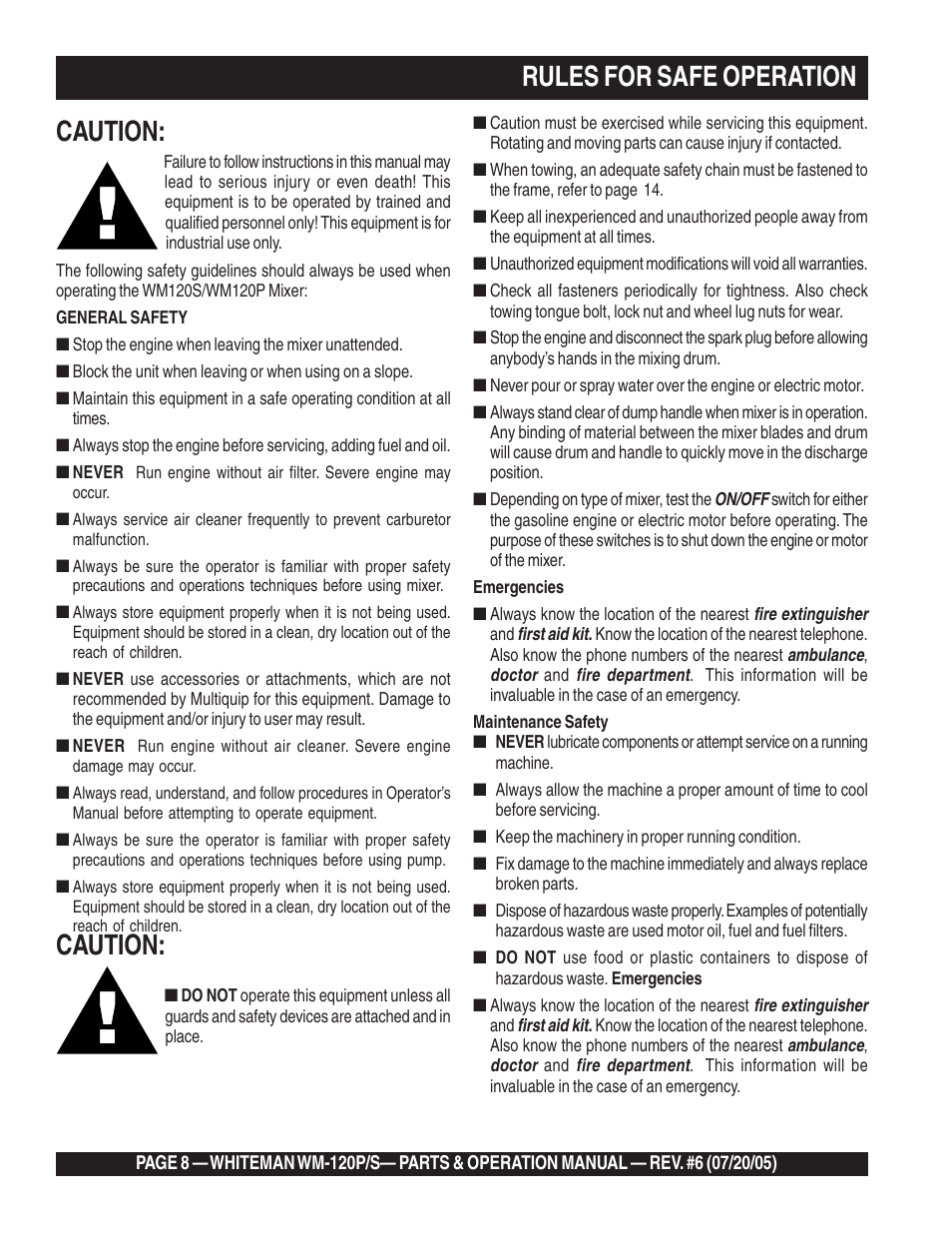 Caution, Rules for safe operation | Multiquip Whiteman Plaster/Mortar Mixers WM-120PM User Manual | Page 8 / 50