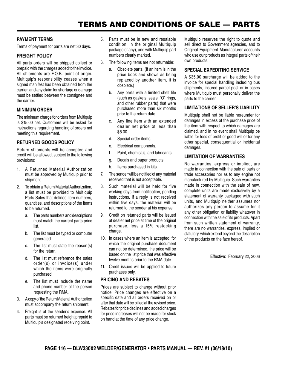 Terms and conditions of sale — parts | Multiquip  WElDEr/gEnEratOr (KuBOta D902E3BWDDE2 DIEsEl EngInE) DlW330X2 User Manual | Page 116 / 118