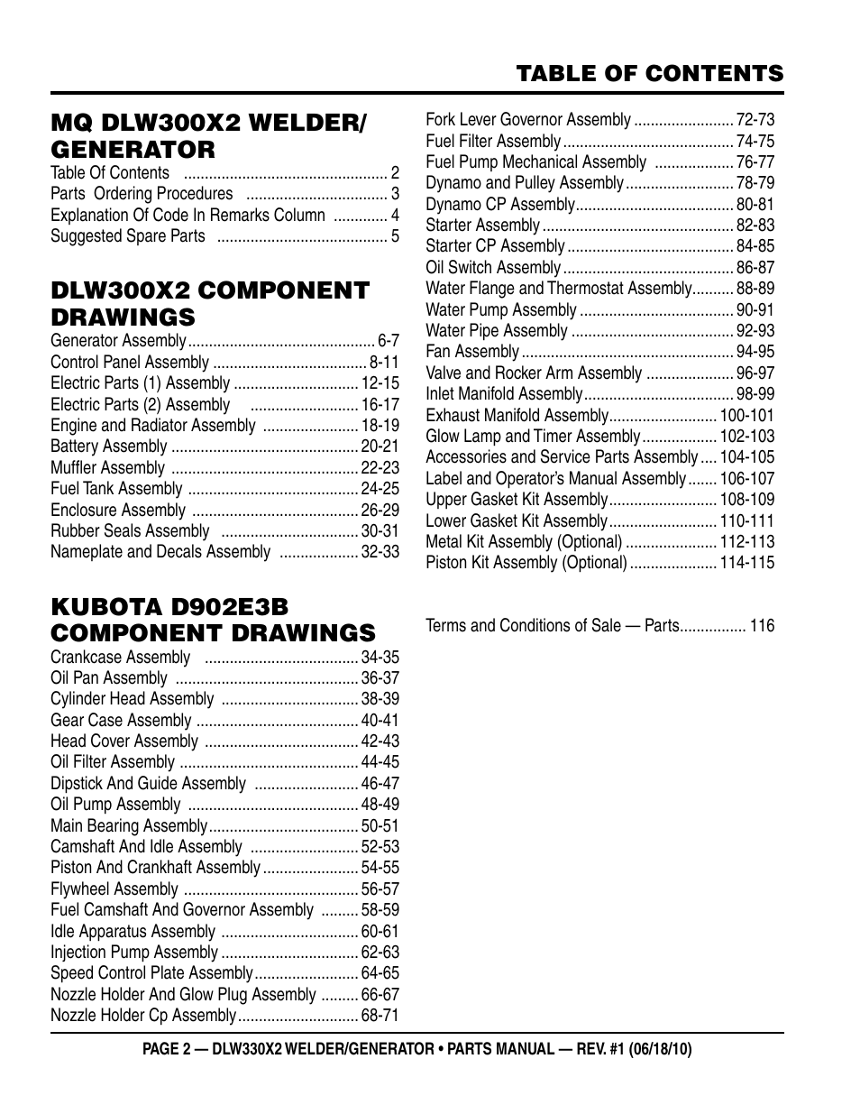 Mq dlw300x2 welder/ generator, Dlw300x2 component drawings, Kubota d902e3b component drawings | Multiquip  WElDEr/gEnEratOr (KuBOta D902E3BWDDE2 DIEsEl EngInE) DlW330X2 User Manual | Page 2 / 118