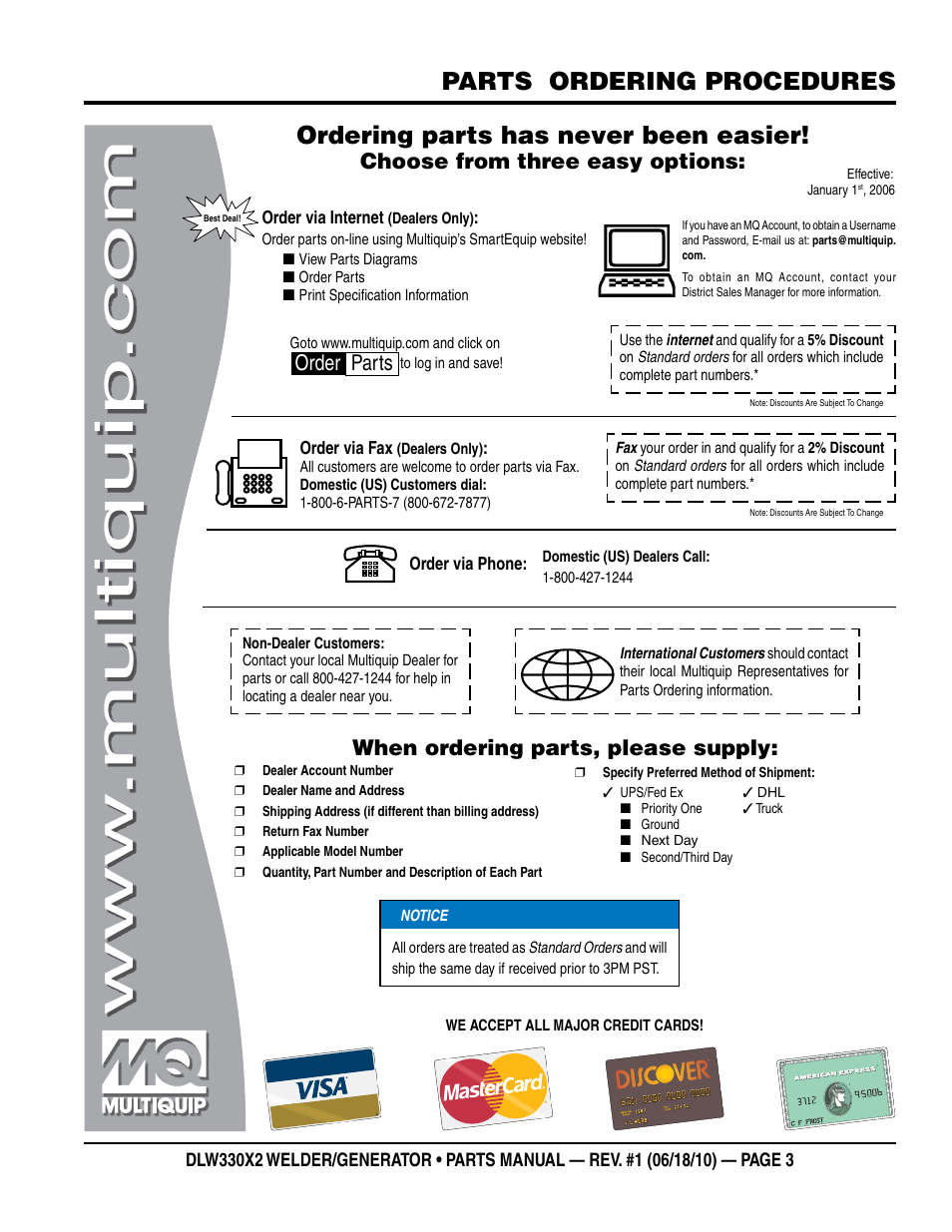 Parts ordering procedures, Ordering parts has never been easier, Choose from three easy options | When ordering parts, please supply, Order parts | Multiquip  WElDEr/gEnEratOr (KuBOta D902E3BWDDE2 DIEsEl EngInE) DlW330X2 User Manual | Page 3 / 118