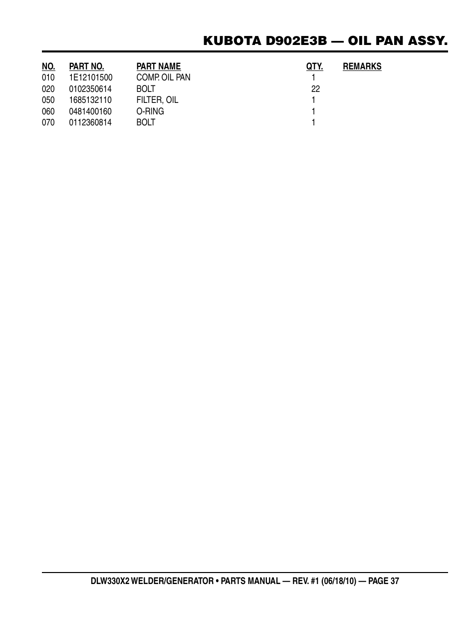 Kubota d902e3b — oil pan assy | Multiquip  WElDEr/gEnEratOr (KuBOta D902E3BWDDE2 DIEsEl EngInE) DlW330X2 User Manual | Page 37 / 118